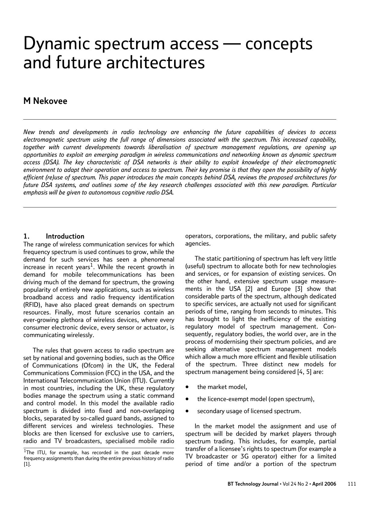 Dynamic spectrum access — concepts and future architectures by Unknown
