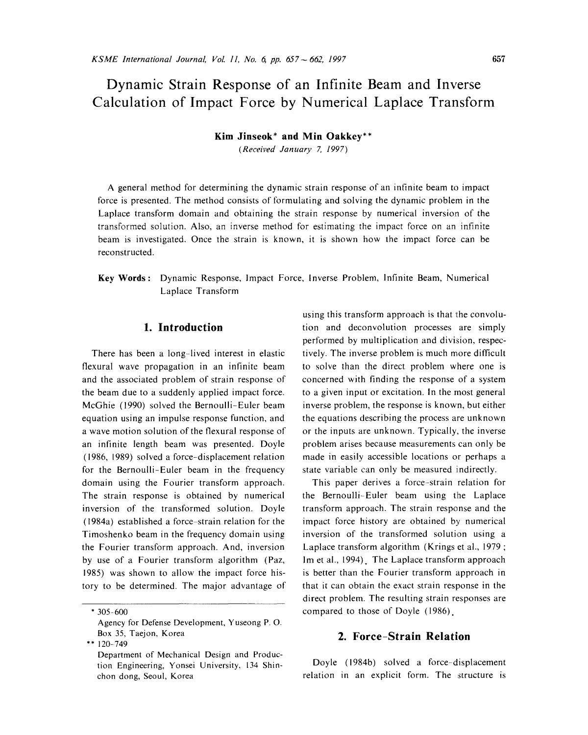 Dynamic strain response of an infinite beam and inverse calculation of impact force by numerical Laplace transform by Unknown