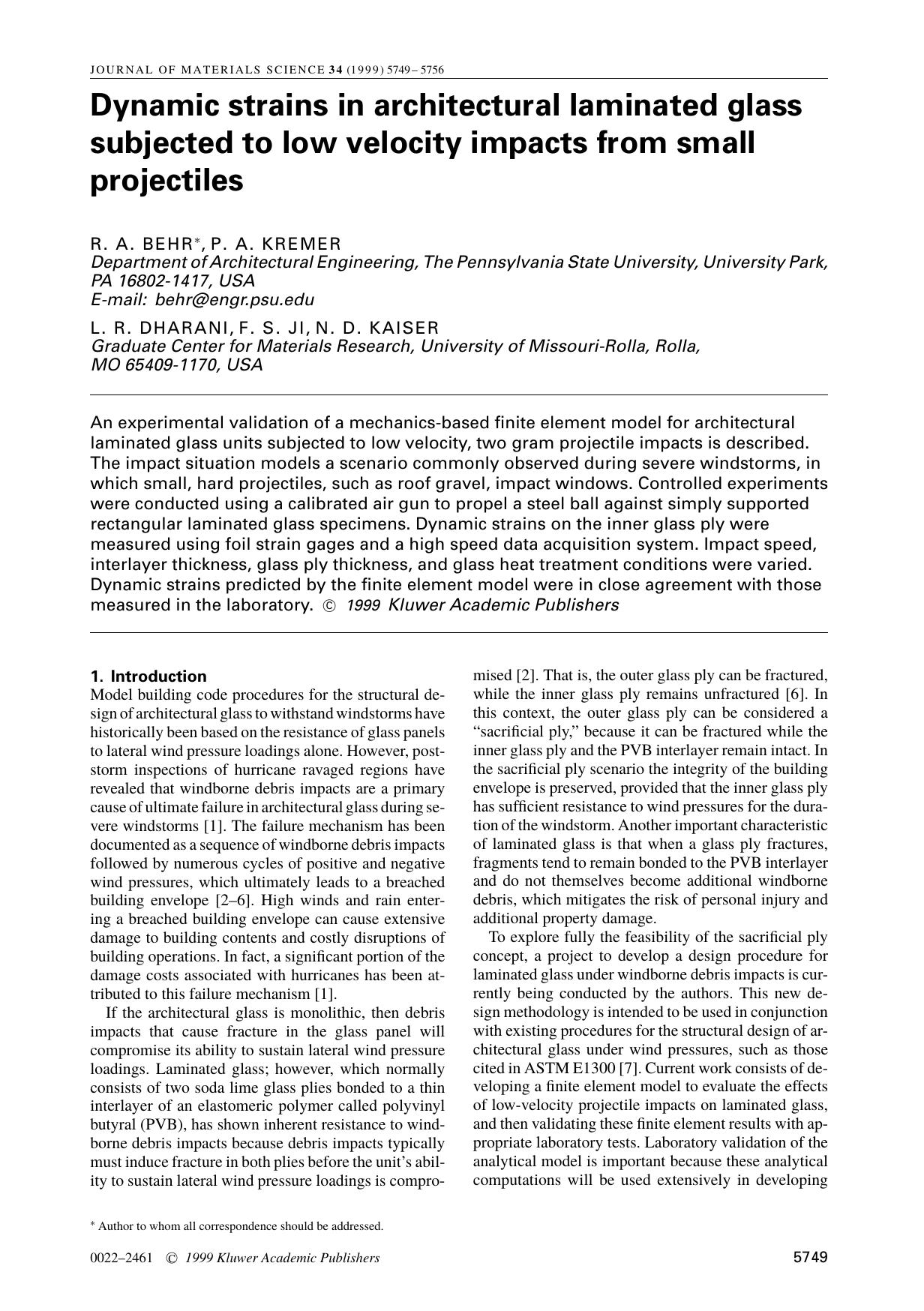 Dynamic strains in architectural laminated glass subjected to low velocity impacts from small projectiles by Unknown