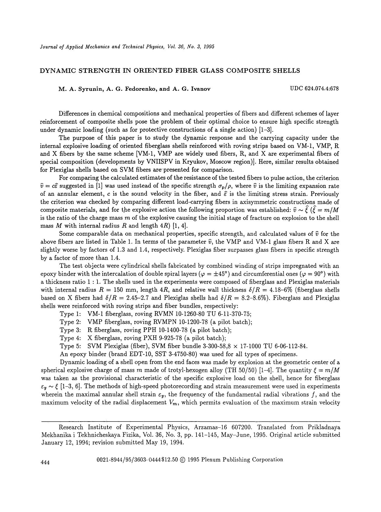 Dynamic strength in oriented fiber glass composite shells by Unknown
