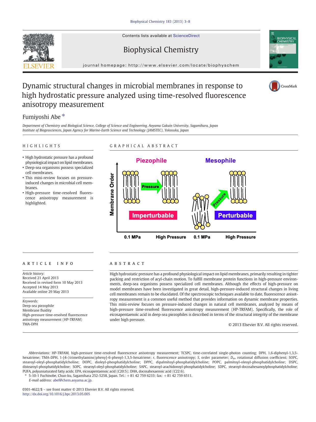 Dynamic structural changes in microbial membranes in response to high hydrostatic pressure analyzed using time-resolved fluorescence anisotropy measurement by Fumiyoshi Abe