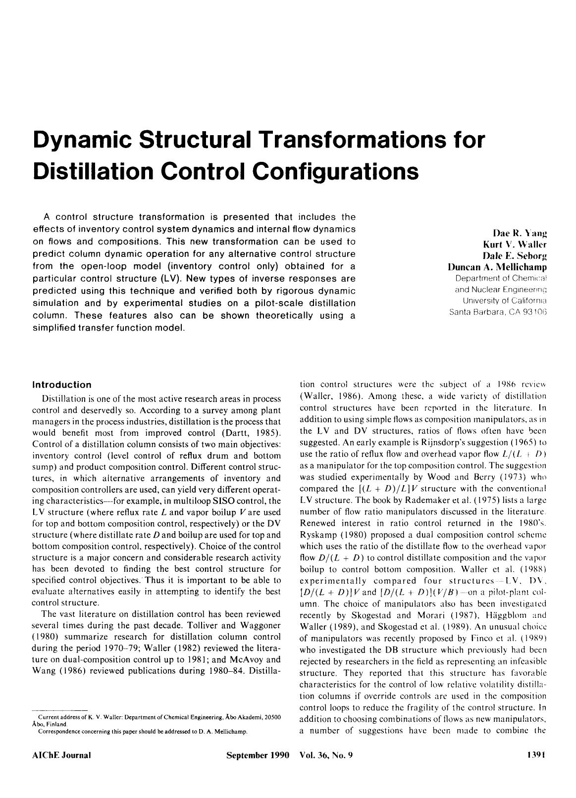 Dynamic structural transformations for distillation control configurations by Unknown