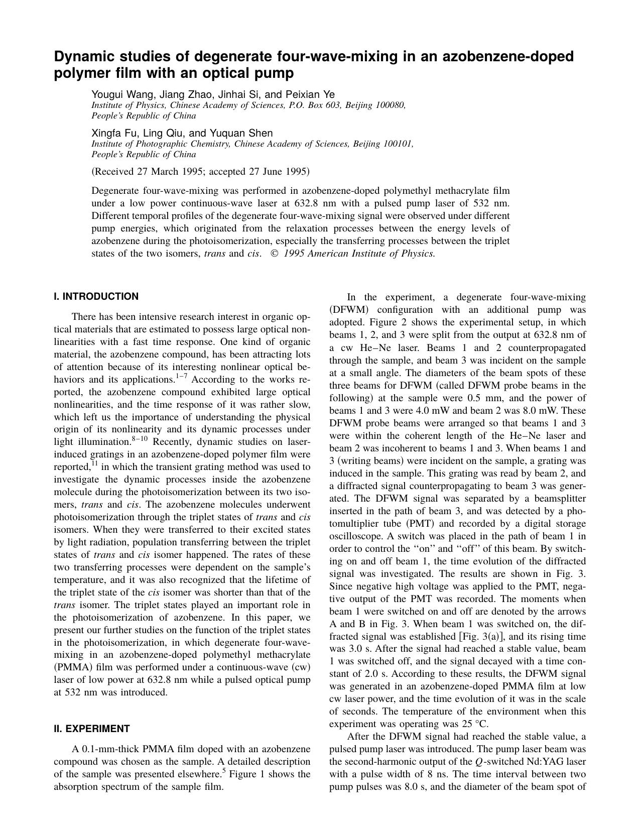 Dynamic studies of degenerate four-wave-mixing in an azobenzene-doped polymer film with an optical pump by Yougui Wang & Jiang Zhao & Jinhai Si & and Peixian Ye & Xingfa Fu & Ling Qiu & and Yuquan Shen