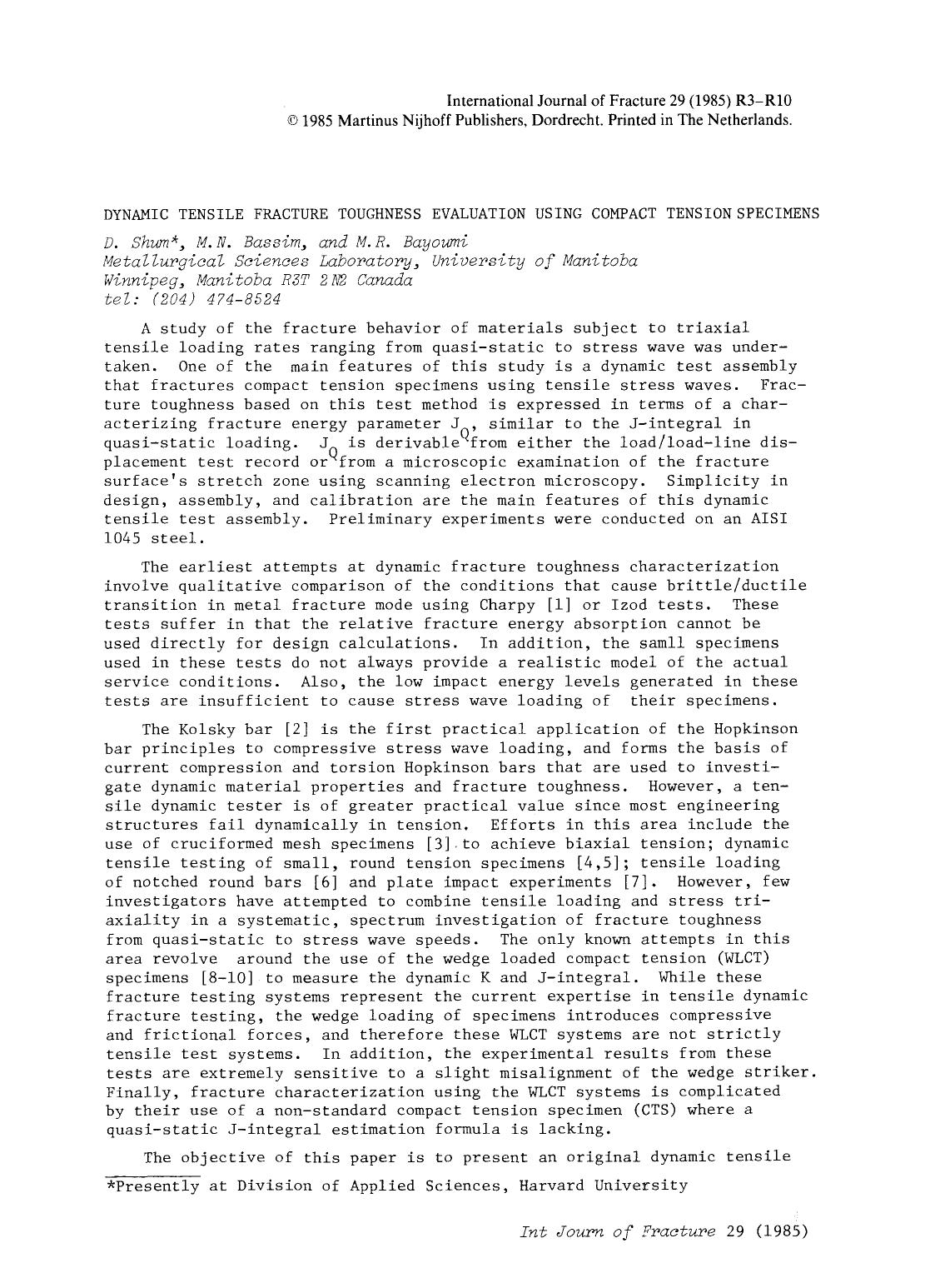 Dynamic tensile fracture toughness evaluation using compact tension specimens by Unknown