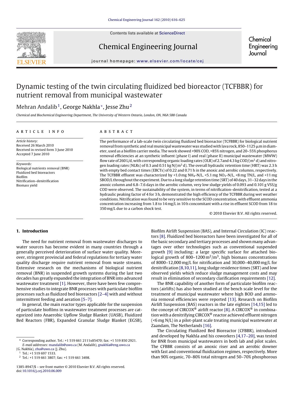 Dynamic testing of the twin circulating fluidized bed bioreactor (TCFBBR) for nutrient removal from municipal wastewater by Mehran Andalib