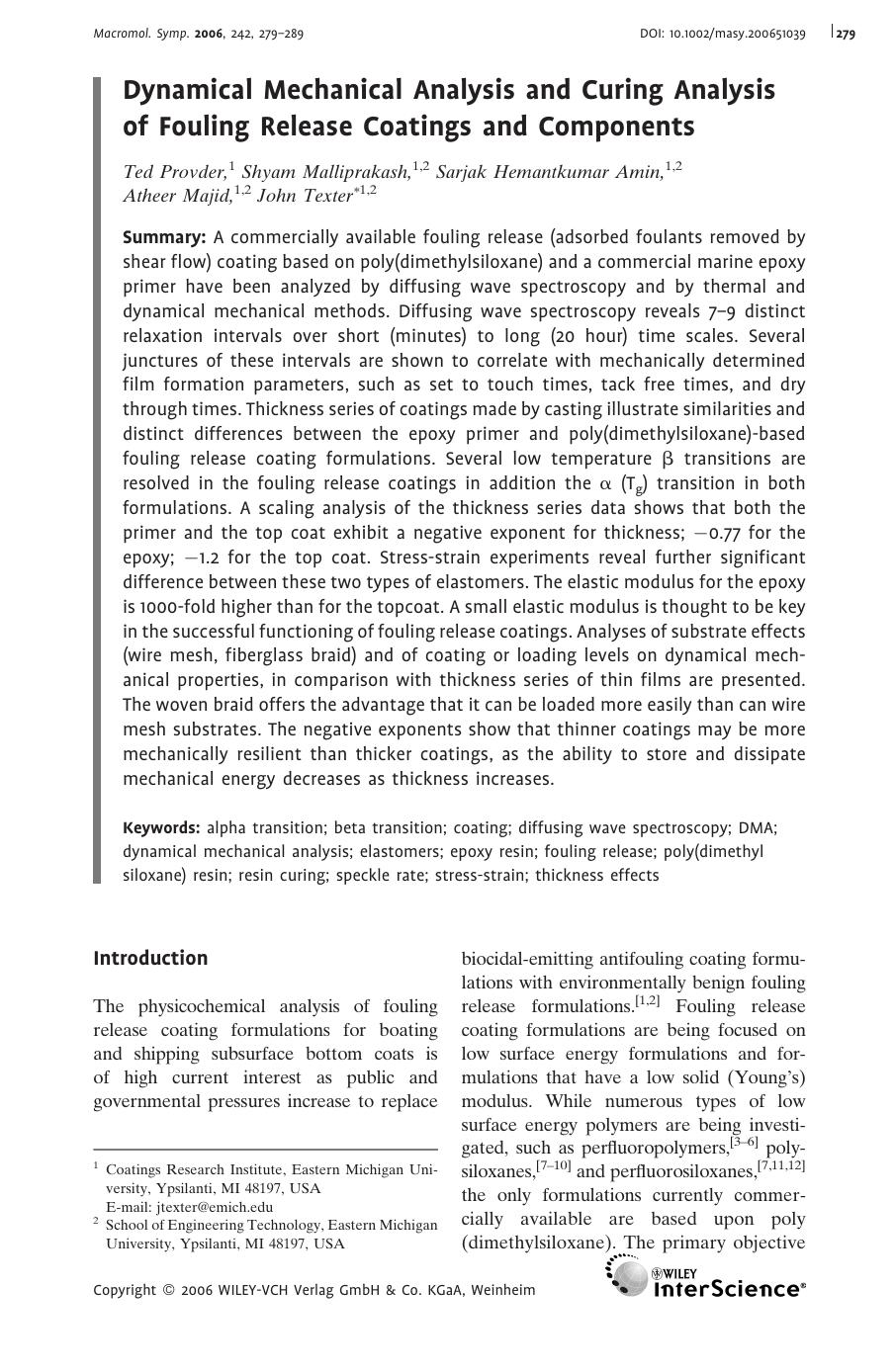 Dynamical Mechanical Analysis and Curing Analysis of Fouling Release Coatings and Components by Unknown