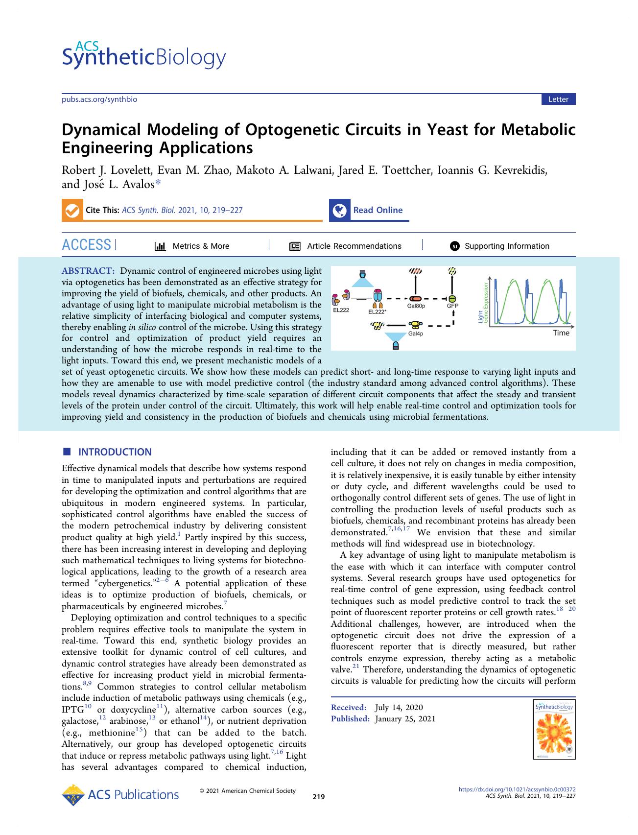 Dynamical Modeling of Optogenetic Circuits in Yeast for Metabolic Engineering Applications by unknow