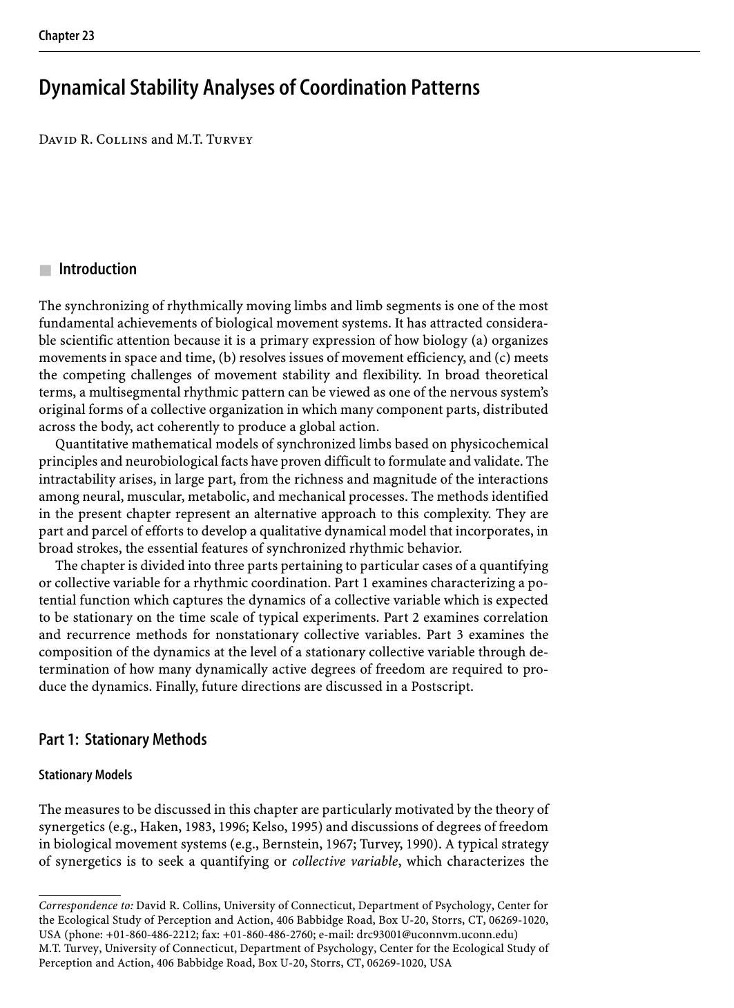 Dynamical Stability Analyses of Coordination Patterns by David R. Collins & M.T. Turvey