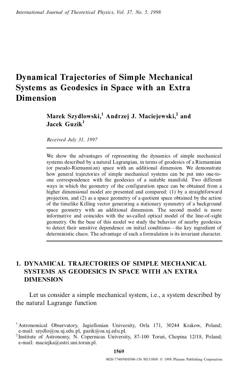 Dynamical Trajectories of Simple Mechanical Systems as Geodesics in Space with an Extra Dimension by Unknown