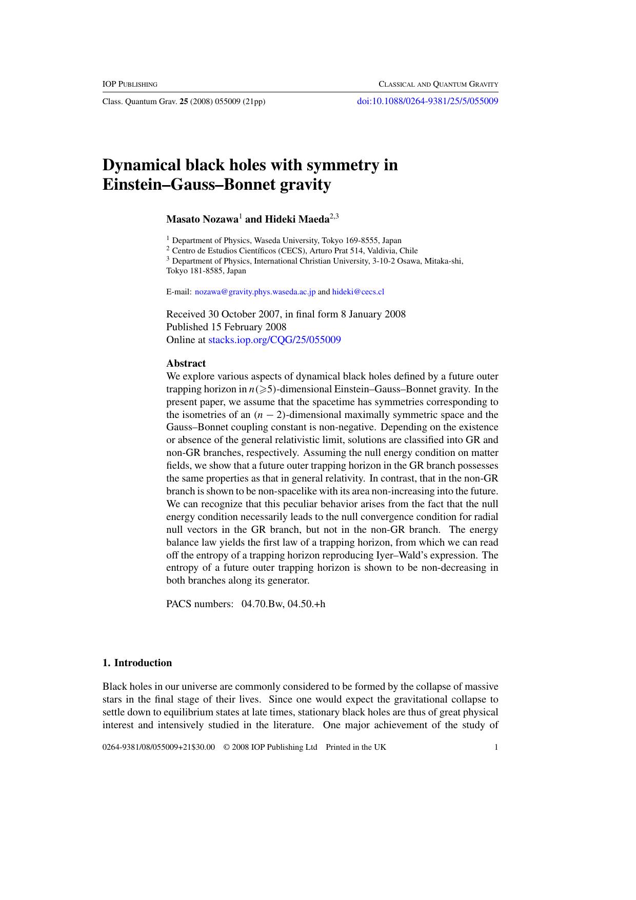 Dynamical black holes with symmetry in Einstein--Gauss--Bonnet gravity by M Nozawa and H Maeda