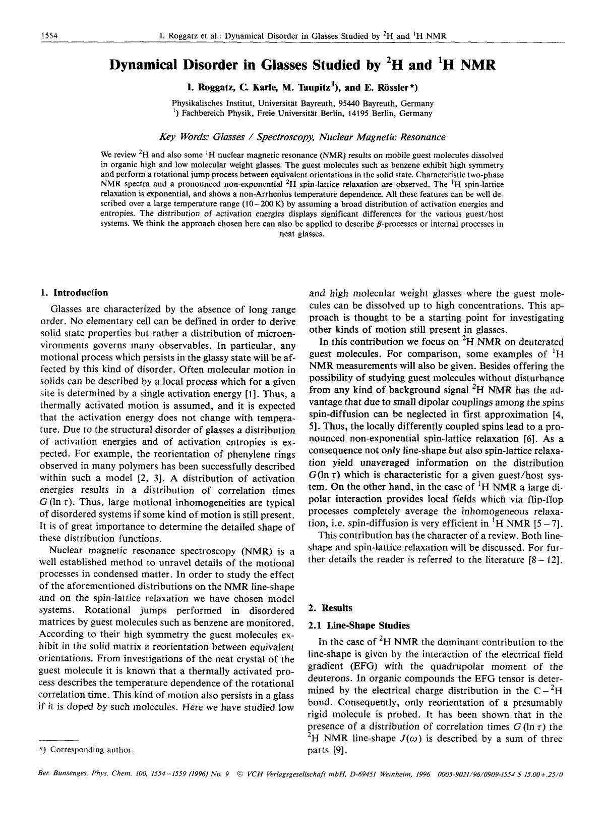 Dynamical disorder in glasses studied by 2H and 1H NMR by Unknown