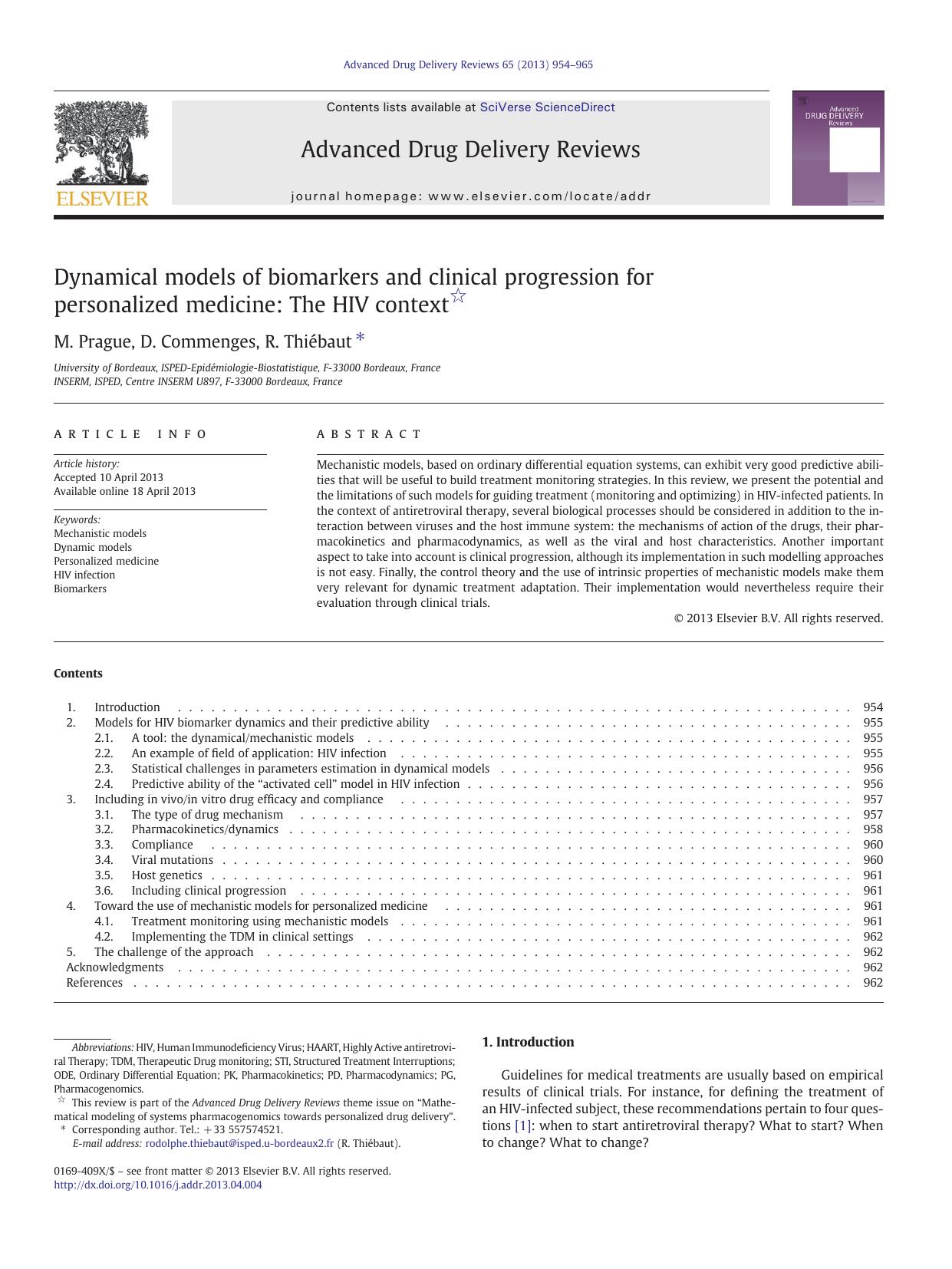 Dynamical models of biomarkers and clinical progression for personalized medicine: The HIV context by M. Prague & D. Commenges & R. Thiebaut