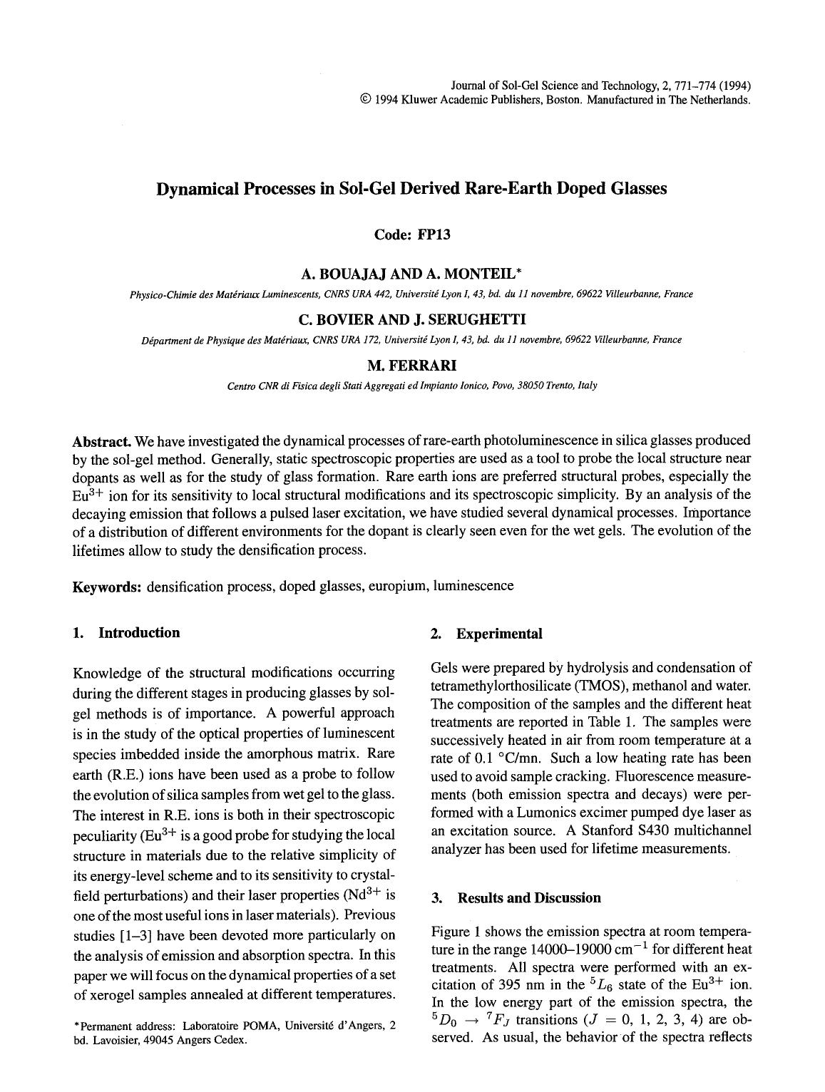 Dynamical processes in sol-gel derived rare-earth doped glasses by Unknown