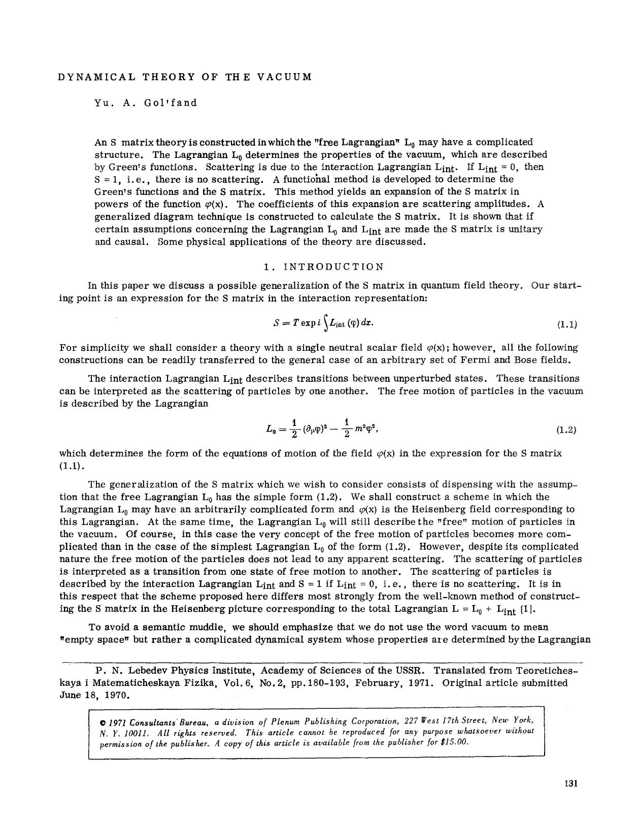 Dynamical theory of the vacuum by Unknown