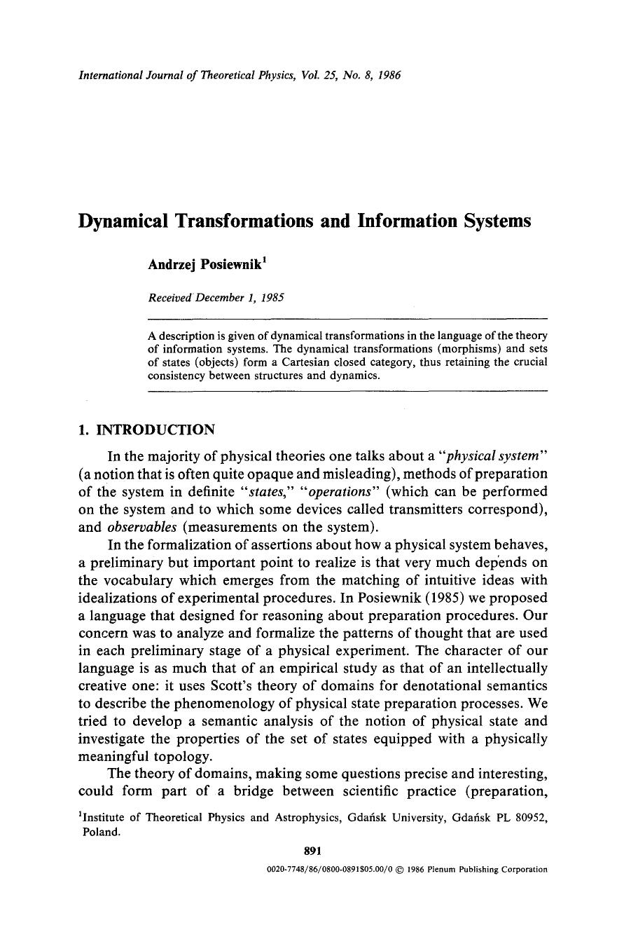Dynamical transformations and information systems by Unknown