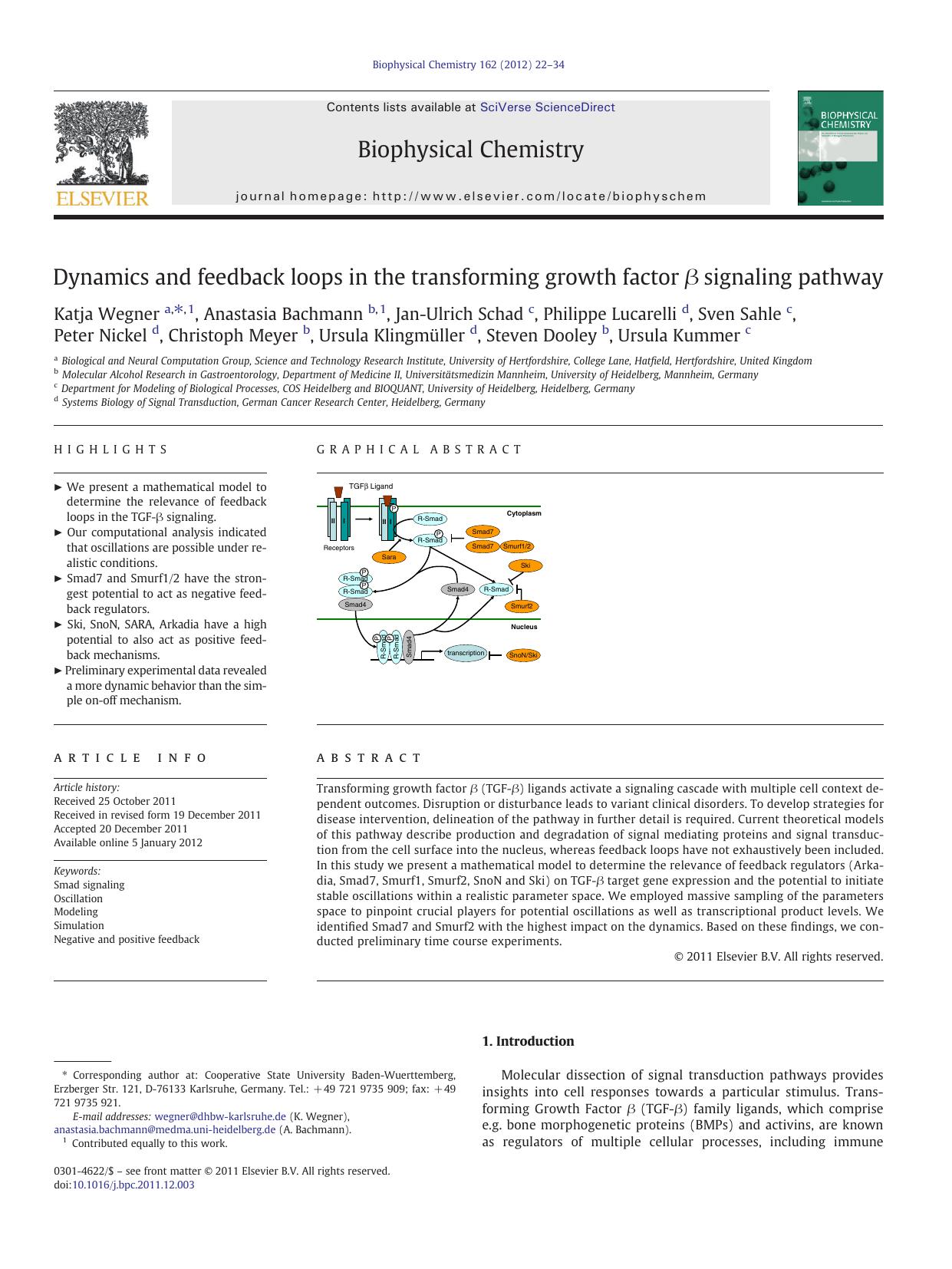 Dynamics and feedback loops in the transforming growth factor Î² signaling pathway by unknow