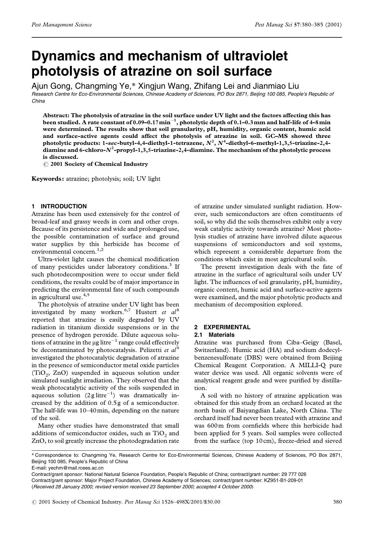 Dynamics and mechanism of ultraviolet photolysis of atrazine on soil surface by Unknown