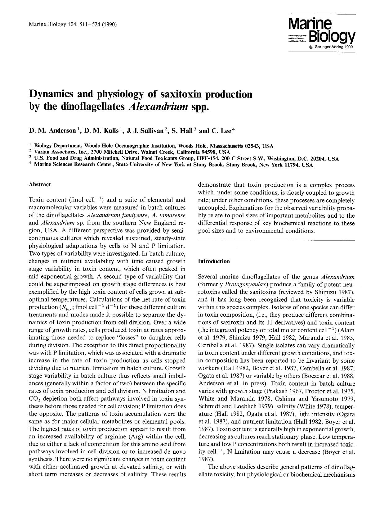 Dynamics and physiology of saxitoxin production by the dinoflagellates <Emphasis Type="Italic">Alexandrium <Emphasis> spp. by Unknown