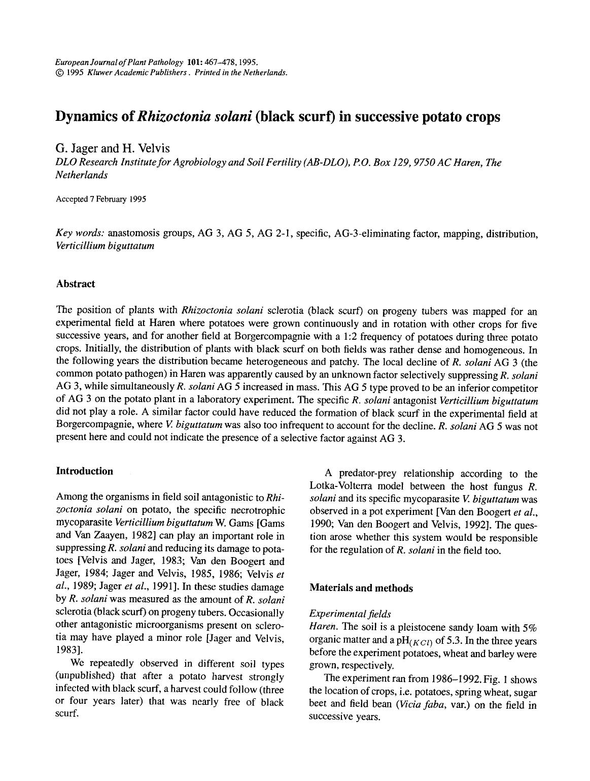 Dynamics of <Emphasis Type="Italic">Rhizoctonia solani <Emphasis> (black scurf) in successive potato crops by Unknown