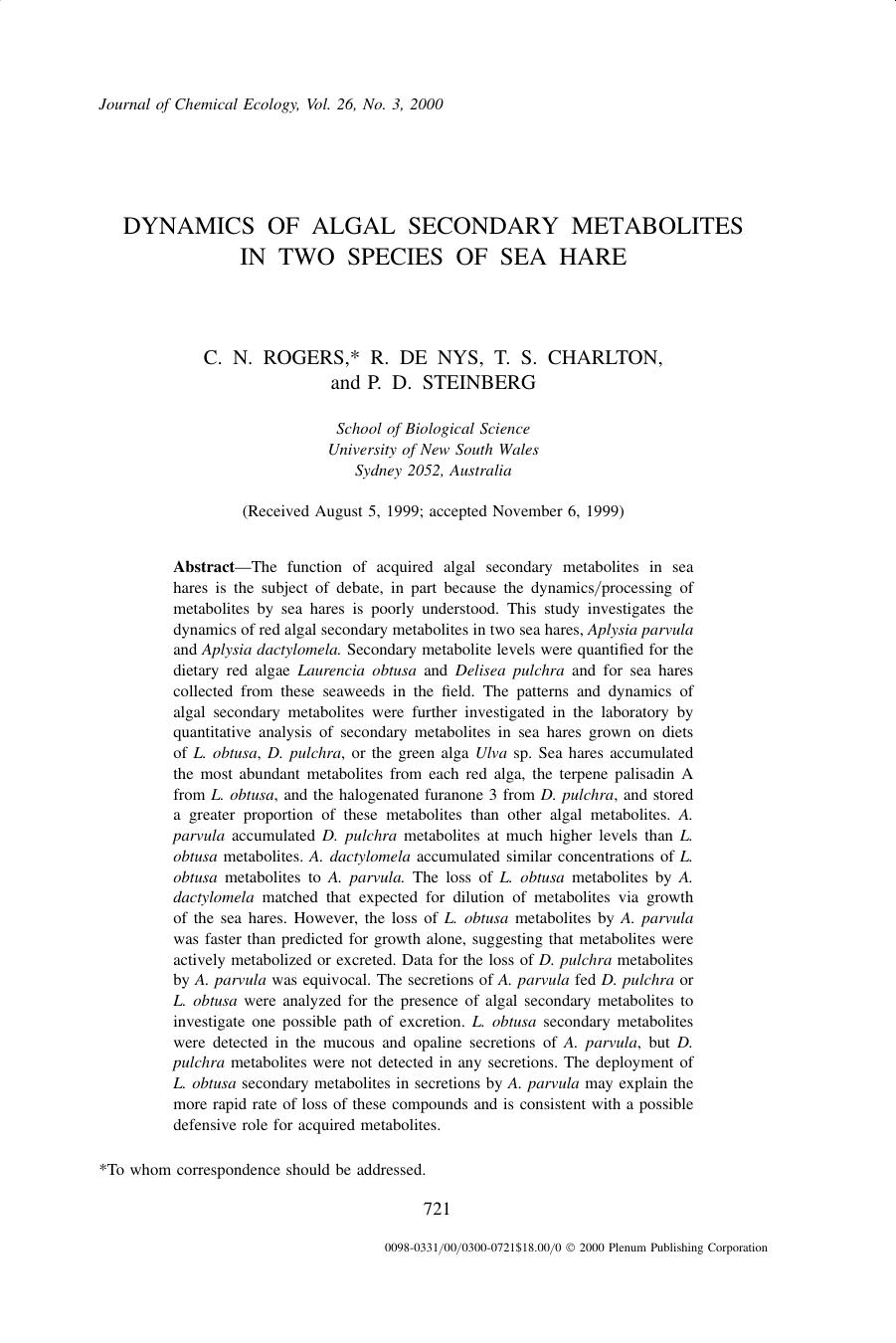 Dynamics of Algal Secondary Metabolites in Two Species of Sea Hare by Unknown