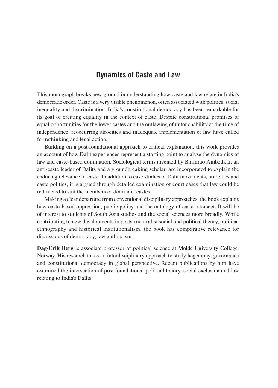 Dynamics of Caste and Law: Dalits, Oppression and Constitutional Democracy in India by Dag-Erik Berg