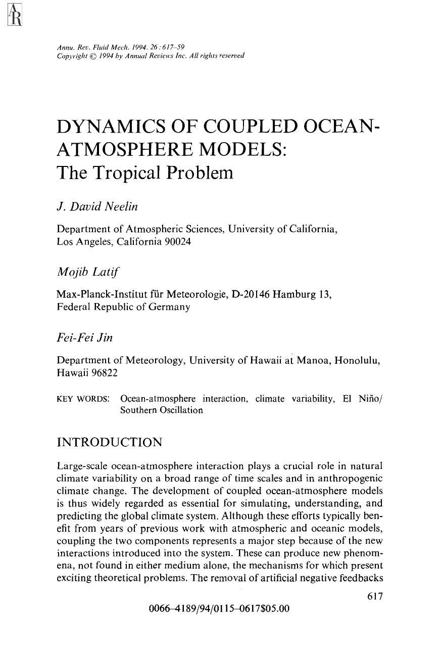 Dynamics of Coupled Ocean-Atmosphere Models: The Tropical Problem by J D Neelin M Latif and F Jin