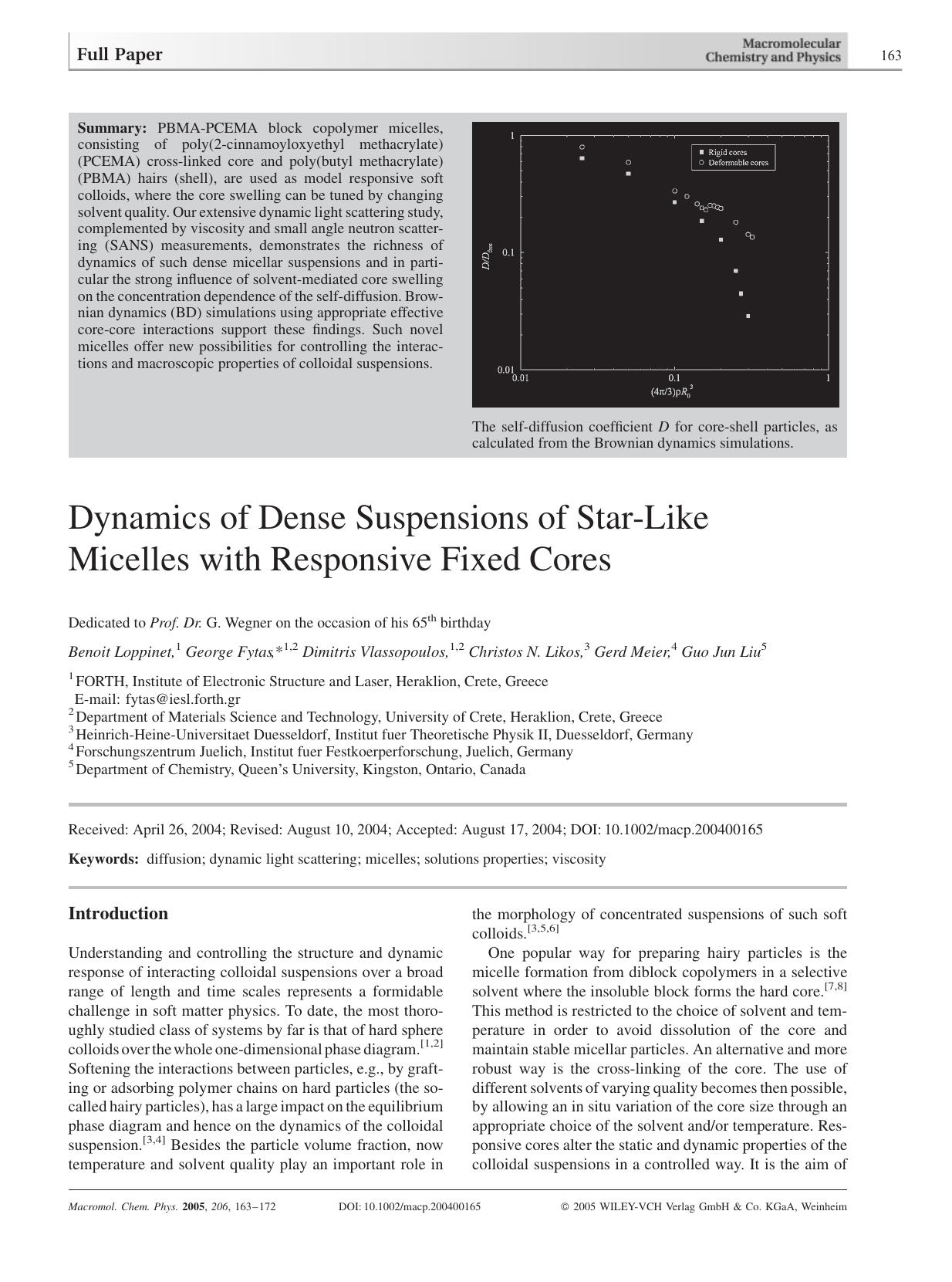 Dynamics of Dense Suspensions of Star-Like Micelles with Responsive Fixed Cores by unknow