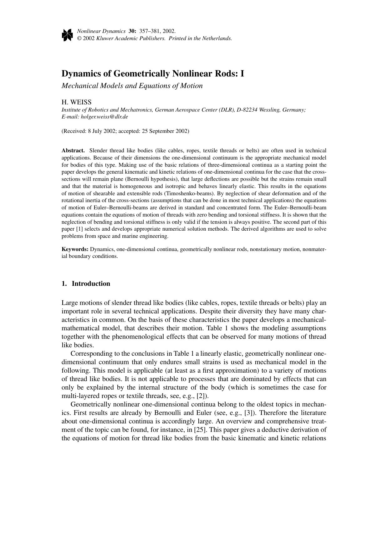 Dynamics of Geometrically Nonlinear Rods: I. Mechanical Models and Equations of Motion by Unknown