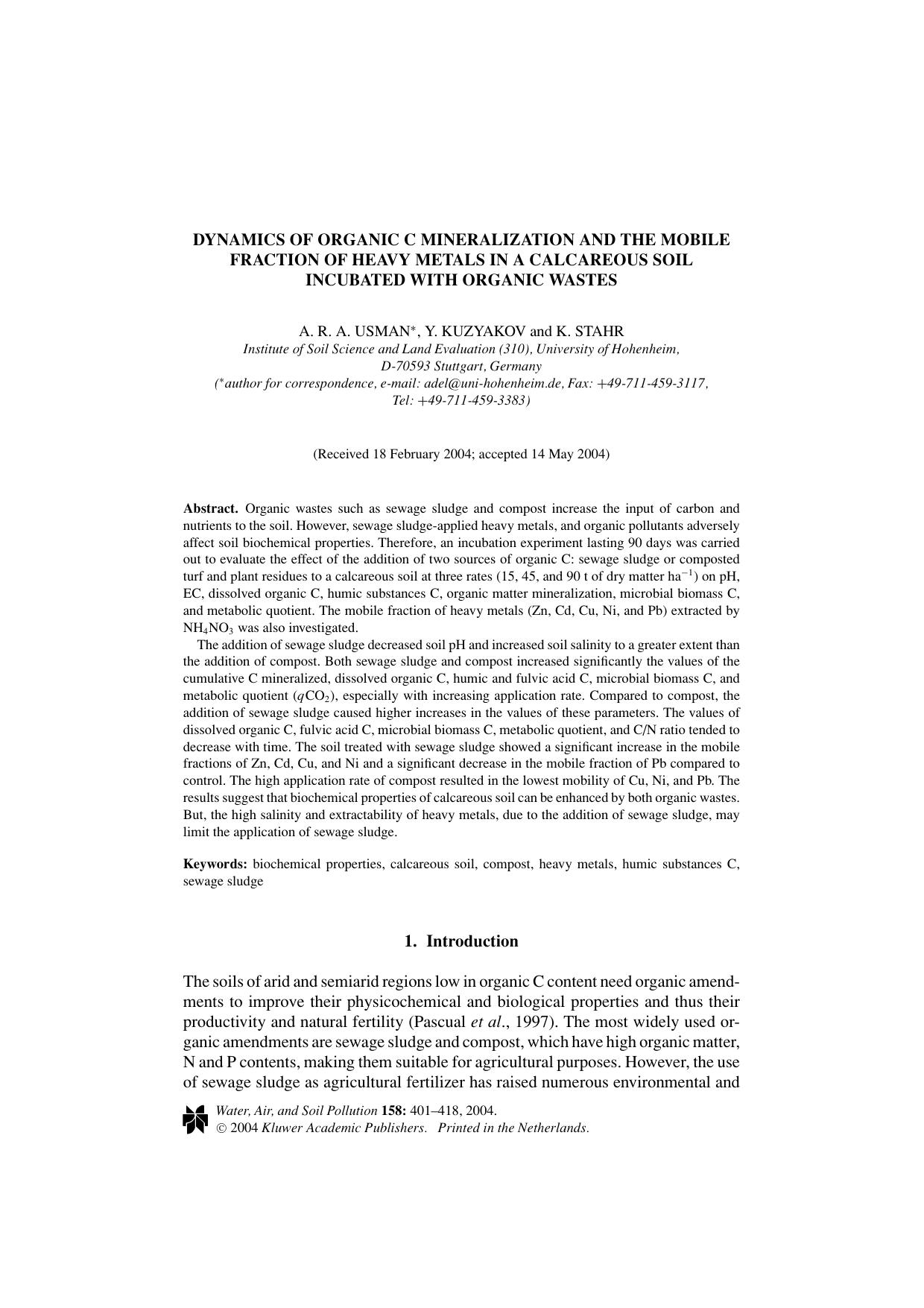 Dynamics of Organic C Mineralization and the Mobile Fraction of Heavy Metals in a Calcareous Soil Incubated with Organic Wastes by Unknown