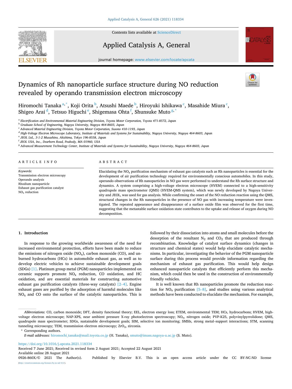 Dynamics of Rh nanoparticle surface structure during NO reduction revealed by operando transmission electron microscopy by unknow