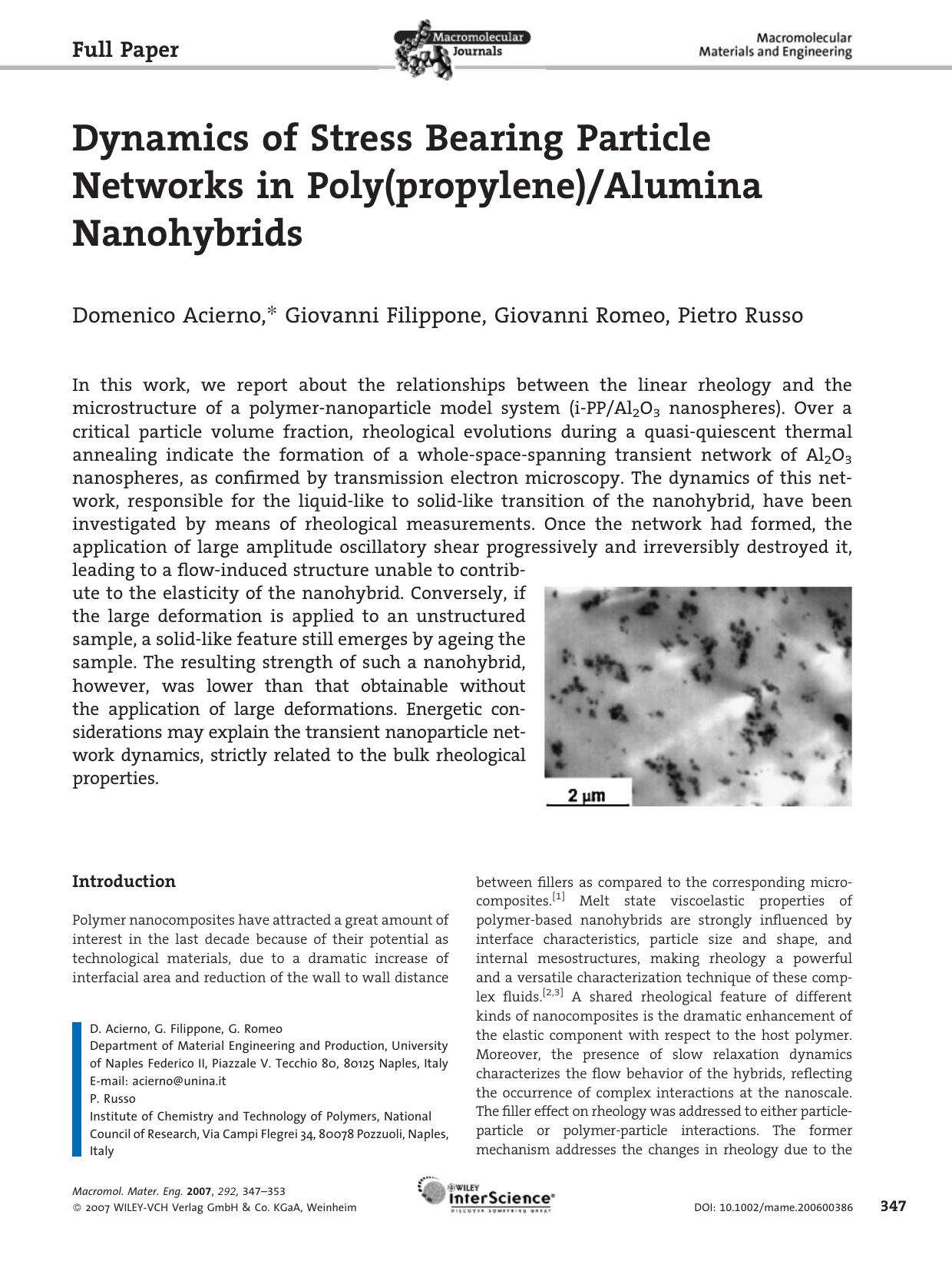Dynamics of Stress Bearing Particle Networks in Poly(propylene)Alumina Nanohybrids by Unknown