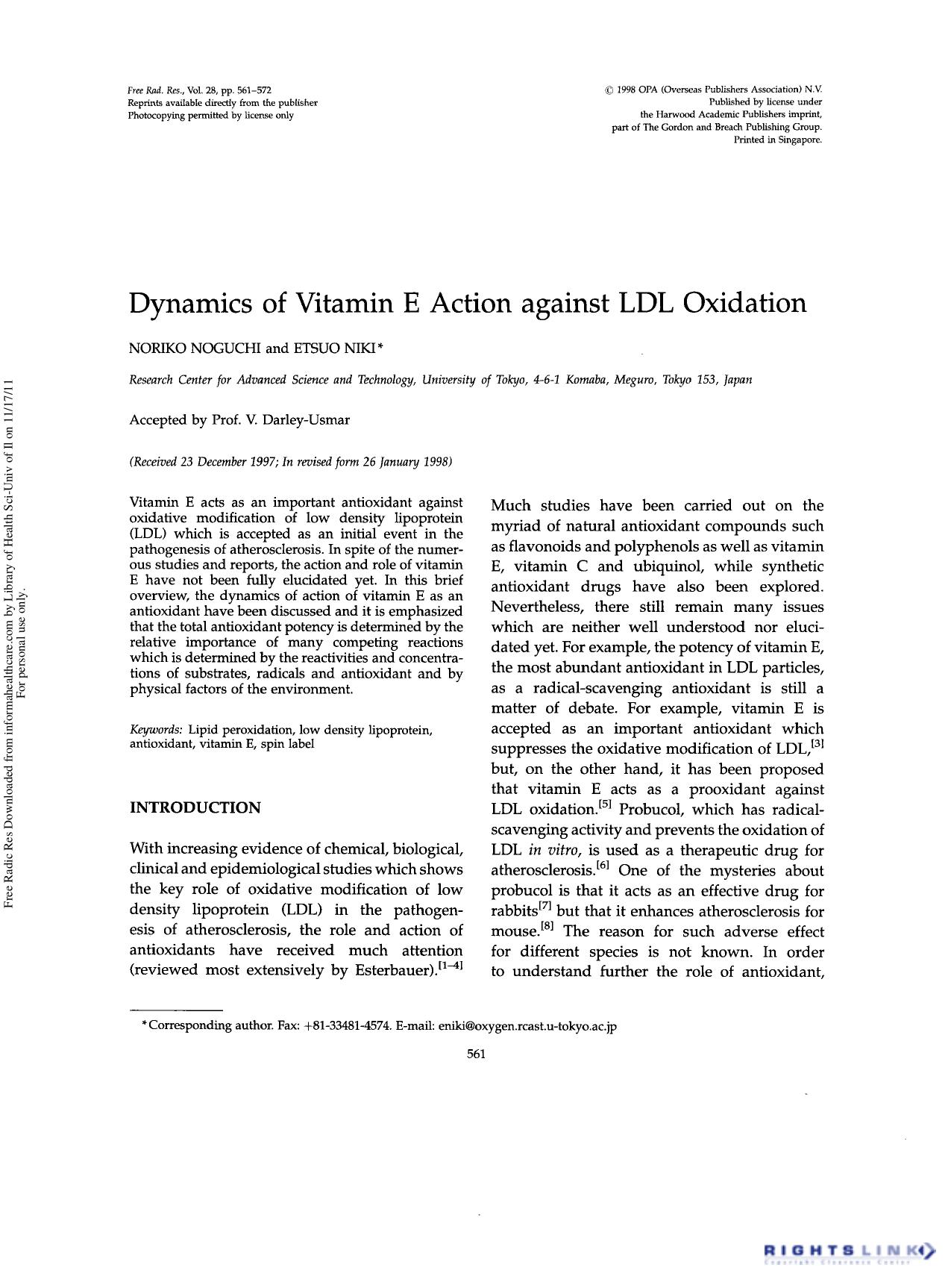 Dynamics of Vitamin E Action against LDL Oxidation by Noriko Noguchi1 & Etsuo Niki1†