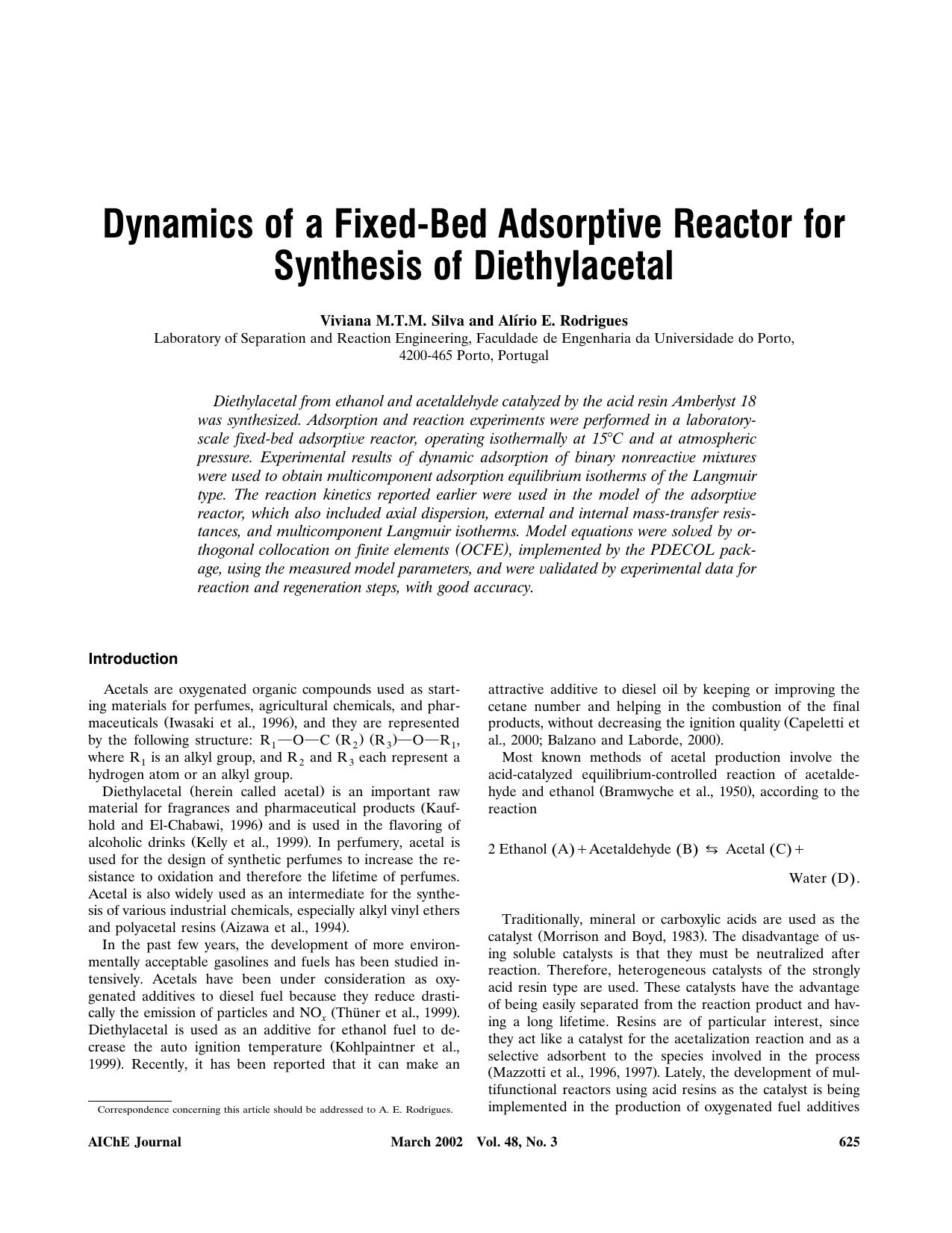 Dynamics of a fixed-bed adsorptive reactor for synthesis of diethylacetal by ?