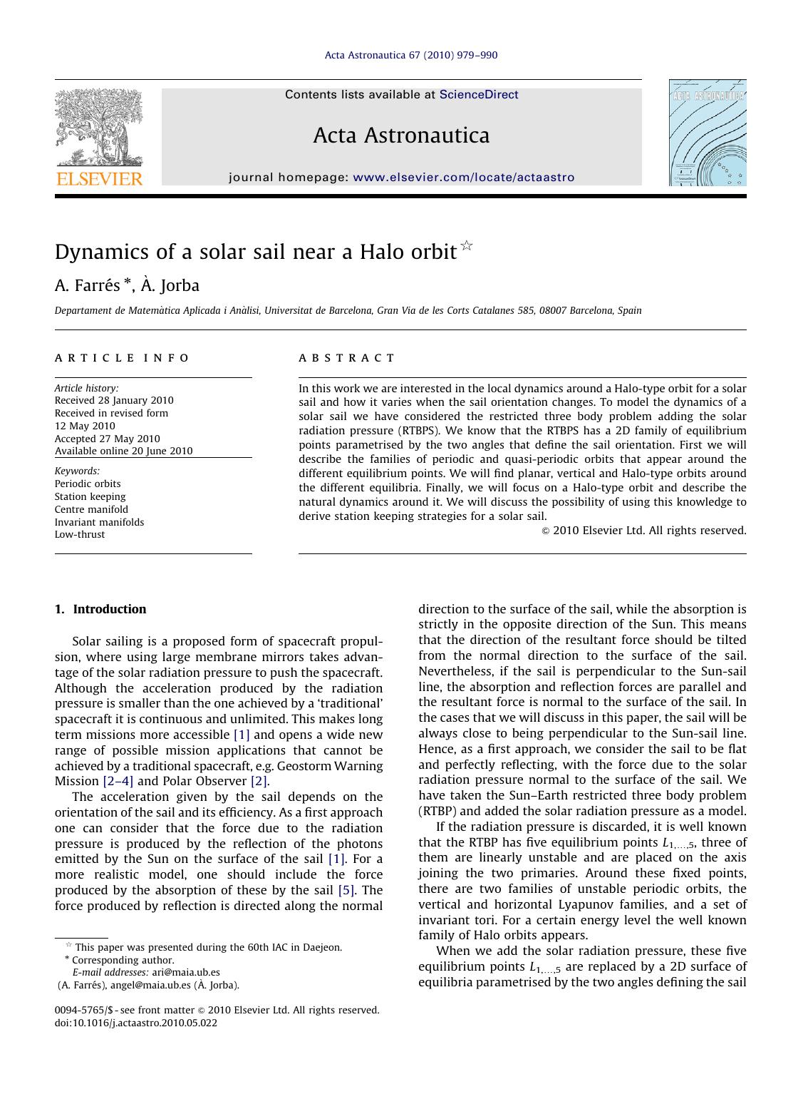 Dynamics of a solar sail near a Halo orbit by A. Farrés & À. Jorba