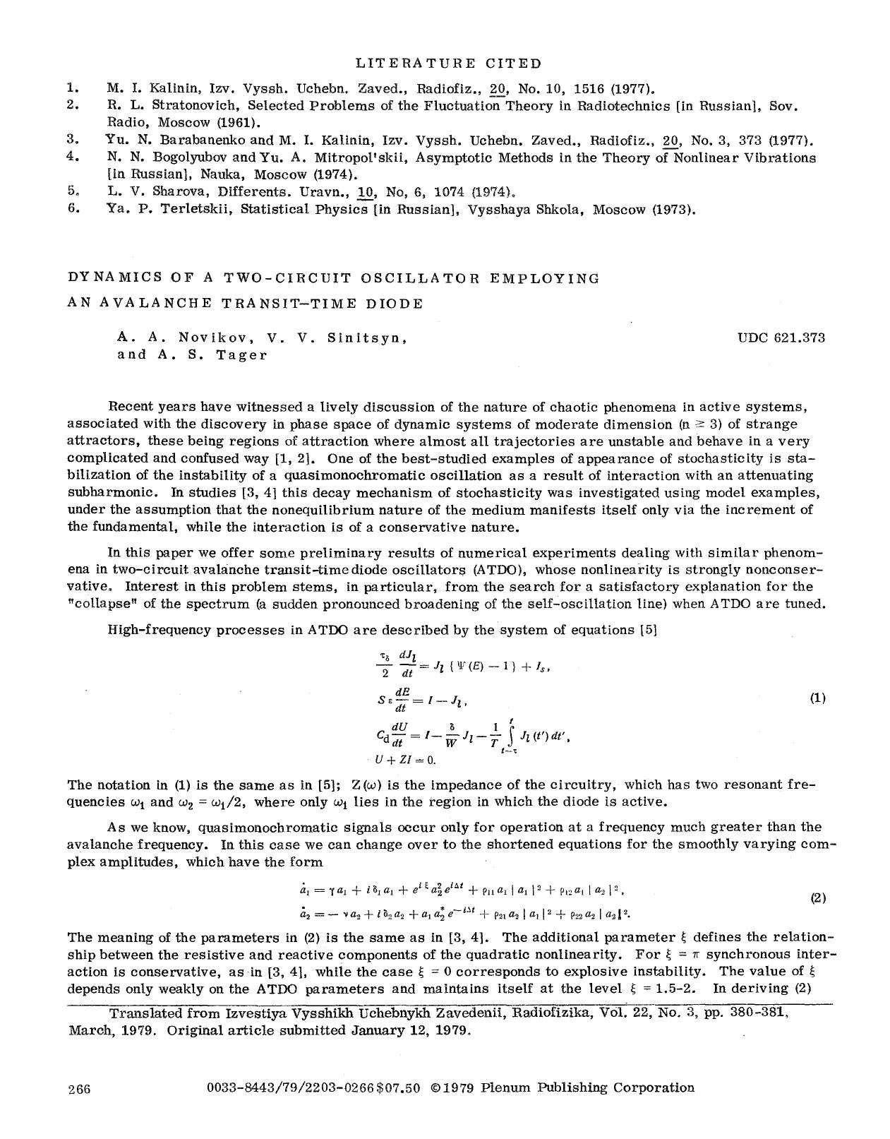 Dynamics of a two-circuit oscillator employing an avalanche transit-time diode by Unknown