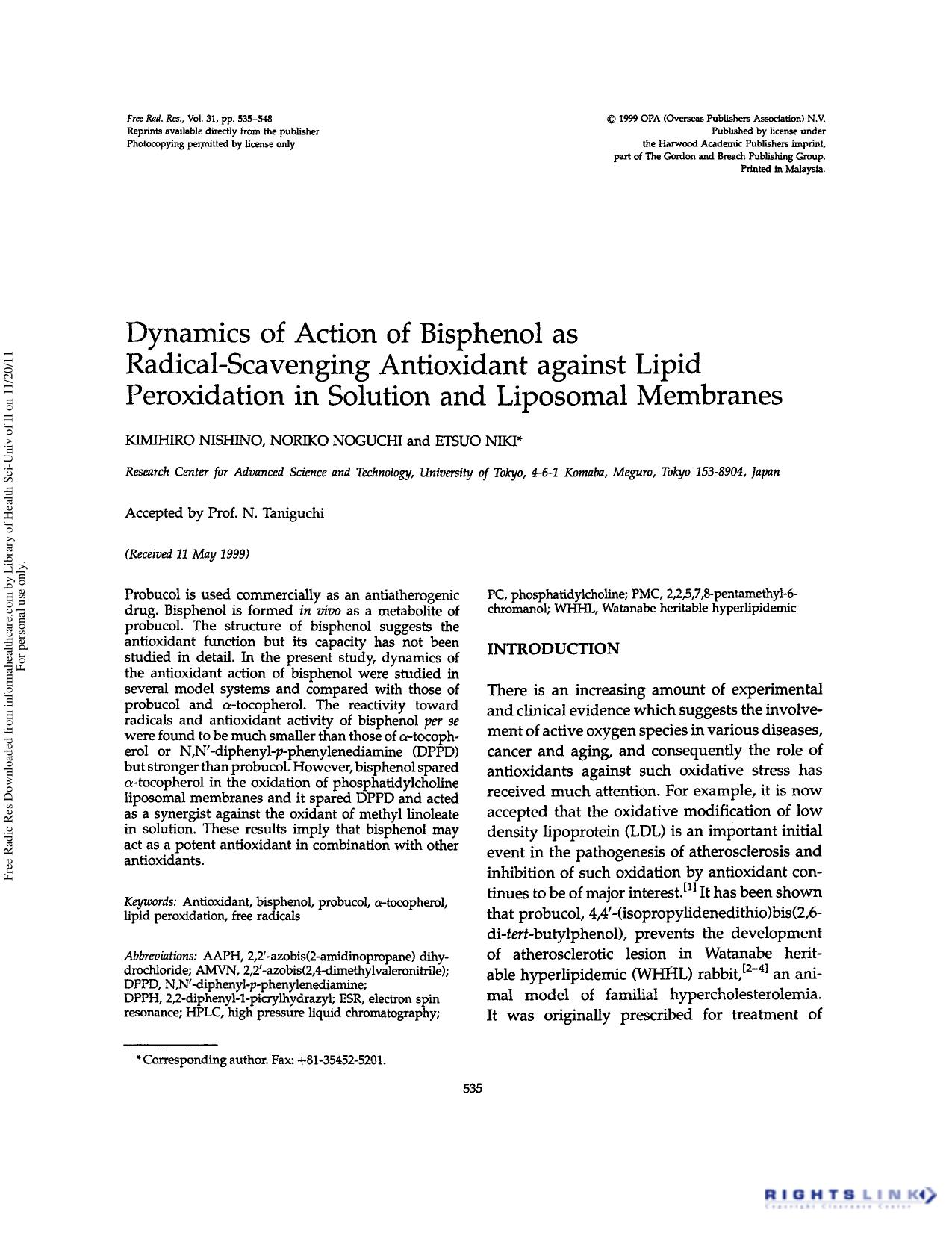 Dynamics of action of bisphenol as radical-scavenging antioxidant against lipid peroxidation in solution and liposomal membranes by Kimihiro Nishino Noriko Noguchi & Etsuo Niki