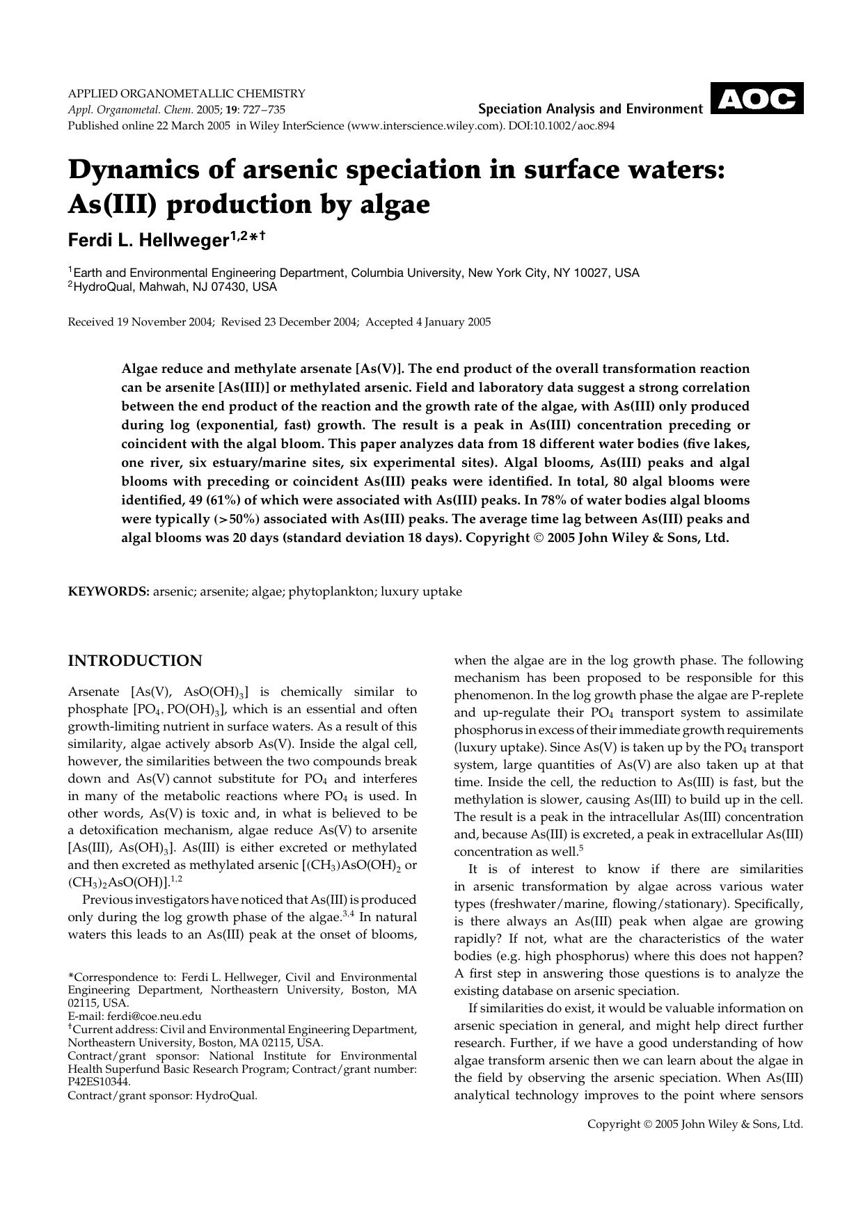 Dynamics of arsenic speciation in surface waters: As(III) production by algae by Unknown