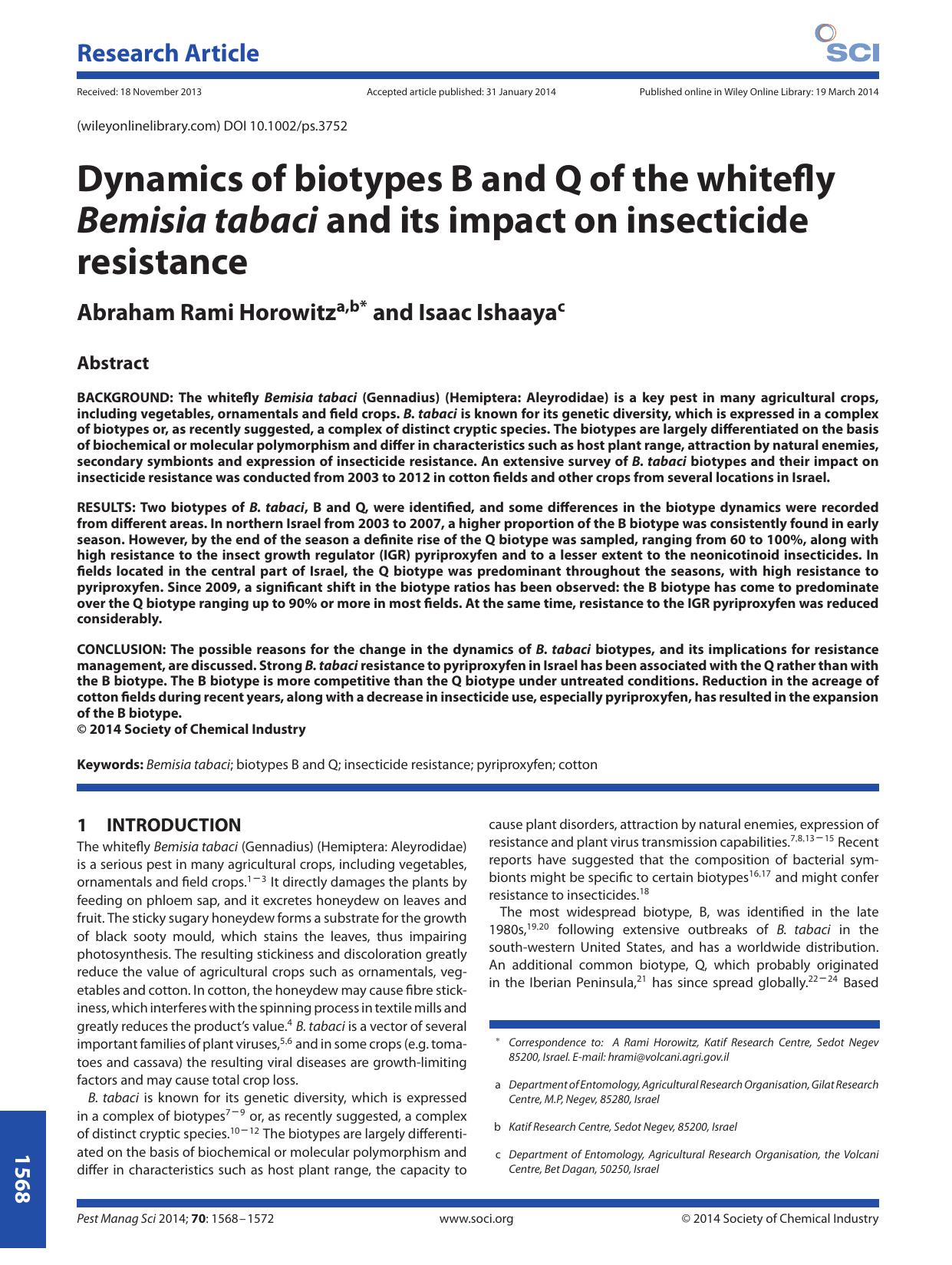 Dynamics of biotypes B and Q of the whitefly Bemisia tabaci and its impact on insecticide resistance by Unknown