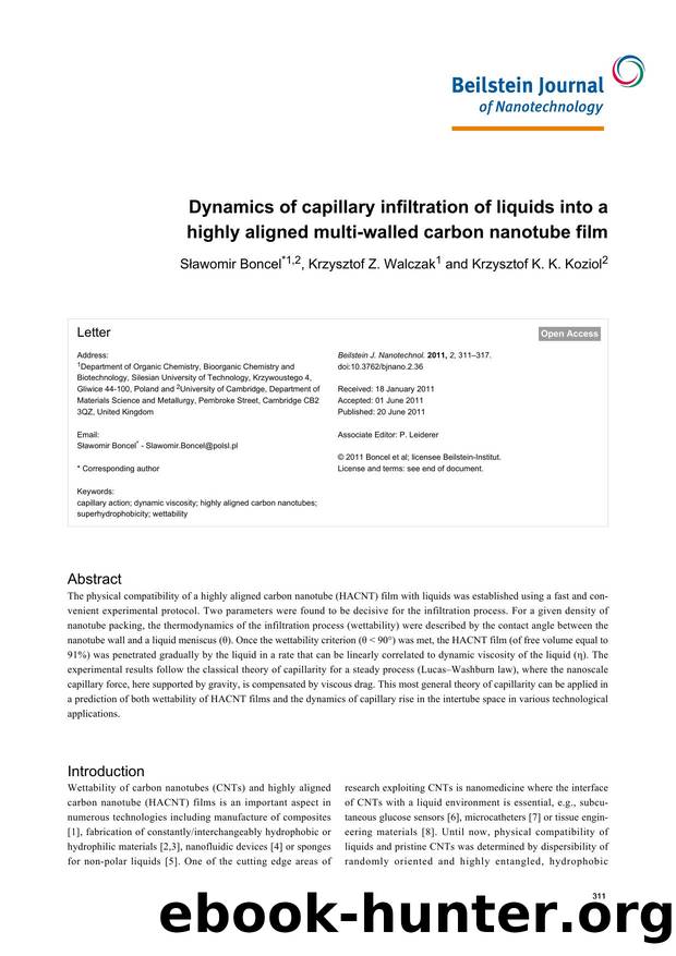 Dynamics of capillary infiltration of liquids into a highly aligned multi-walled carbon nanotube film by Sławomir Boncel Krzysztof Z Walczak Krzysztof K K Koziol