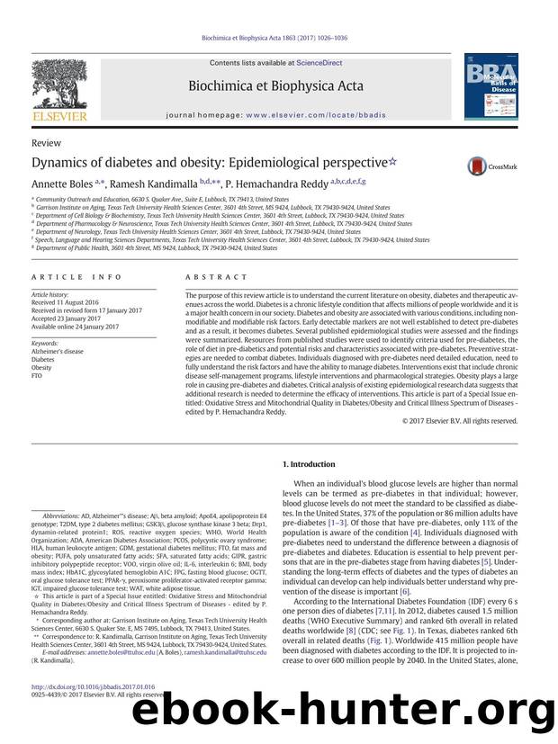 Dynamics of diabetes and obesity: Epidemiological perspective by Annette Boles & Ramesh Kandimalla & P. Hemachandra Reddy
