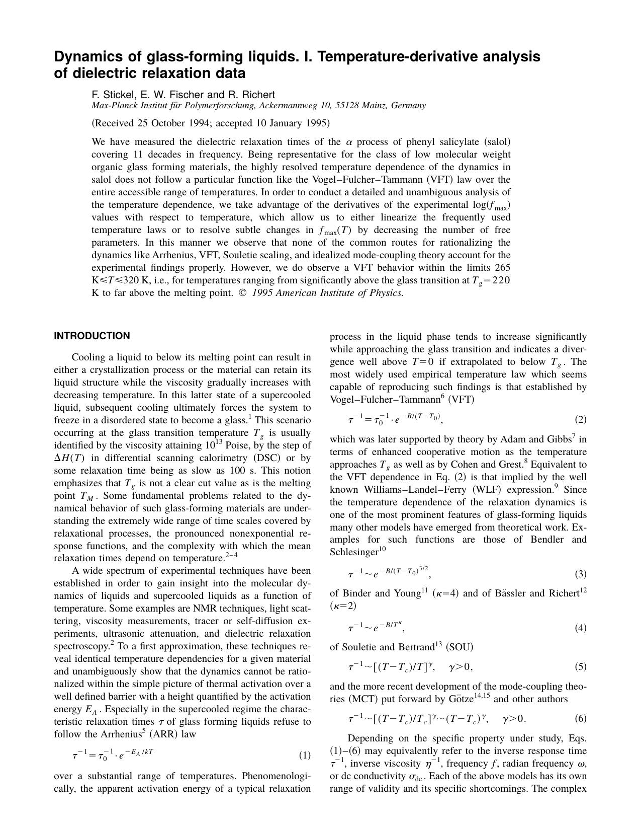 Dynamics of glass-forming liquids. I. Temperature- derivative analysis of dielectric relaxation data by F. Stickel & E. W. Fischer and R. Richert