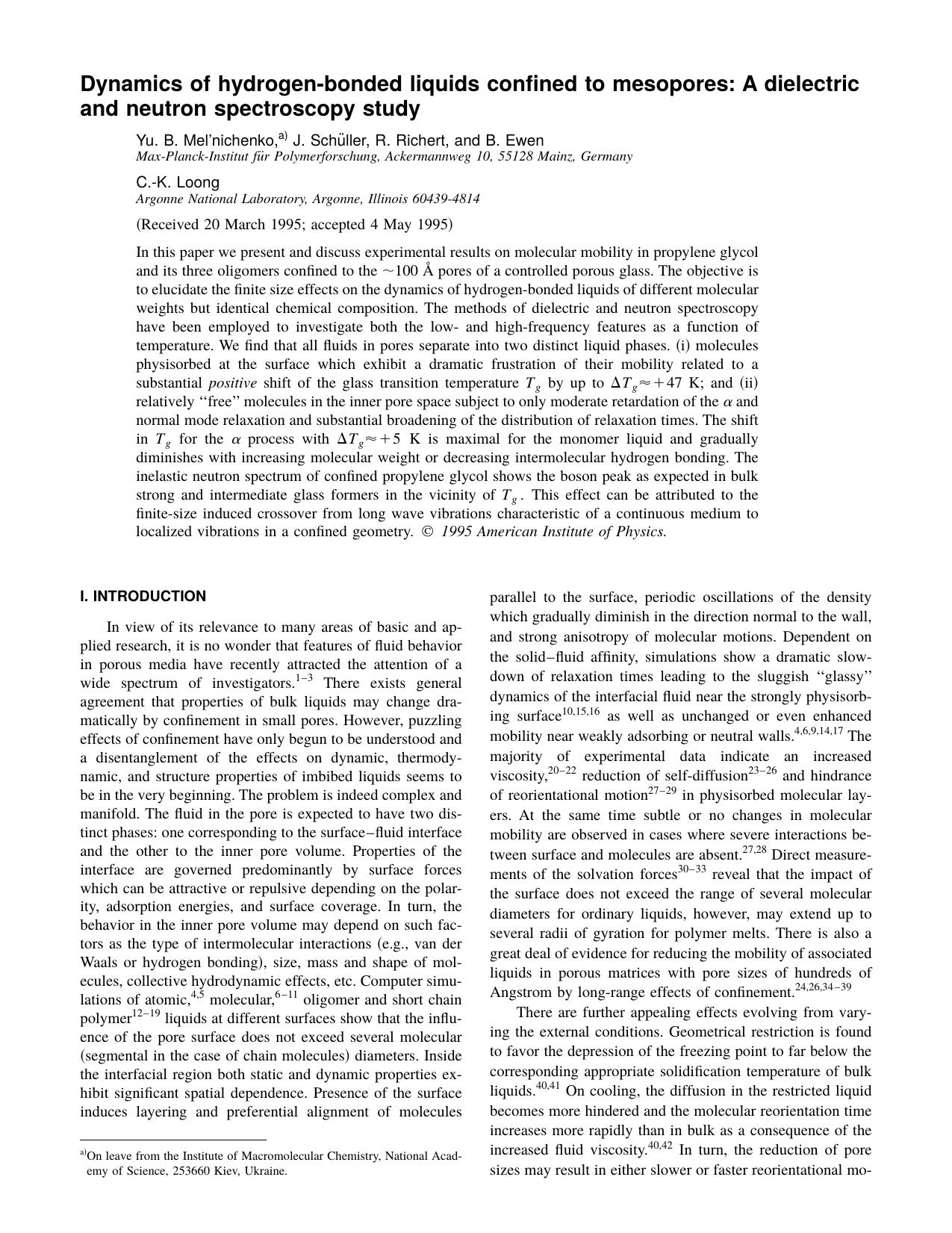 Dynamics of hydrogen-bonded liquids confined to mesopores: A dielectric and neutron spectroscopy study by Yu. B. Melnichenko & J. Schuller & R. Richert & and B. Ewen & C.-K. Loong