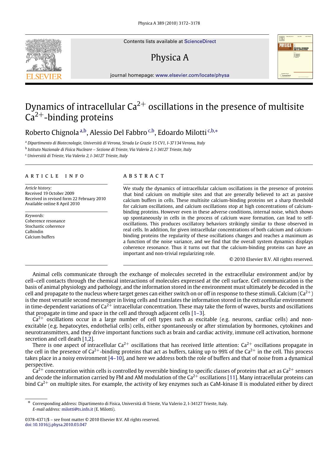 Dynamics of intracellular Ca2+ oscillations in the presence of multisite Ca2+-binding proteins by Roberto Chignola; Alessio Del Fabbro; Edoardo Milotti