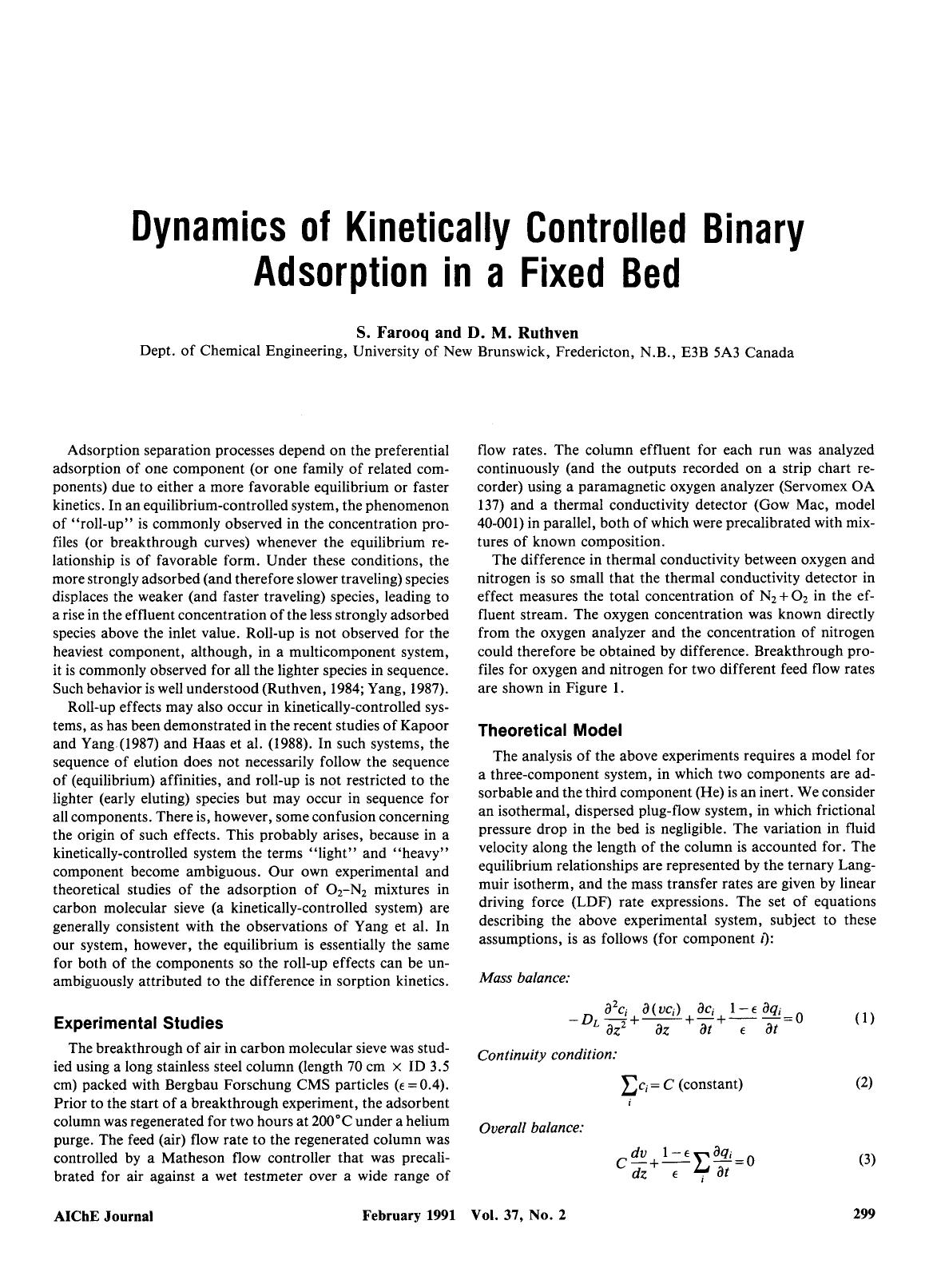 Dynamics of kinetically controlled binary adsorption in a fixed bed by Unknown
