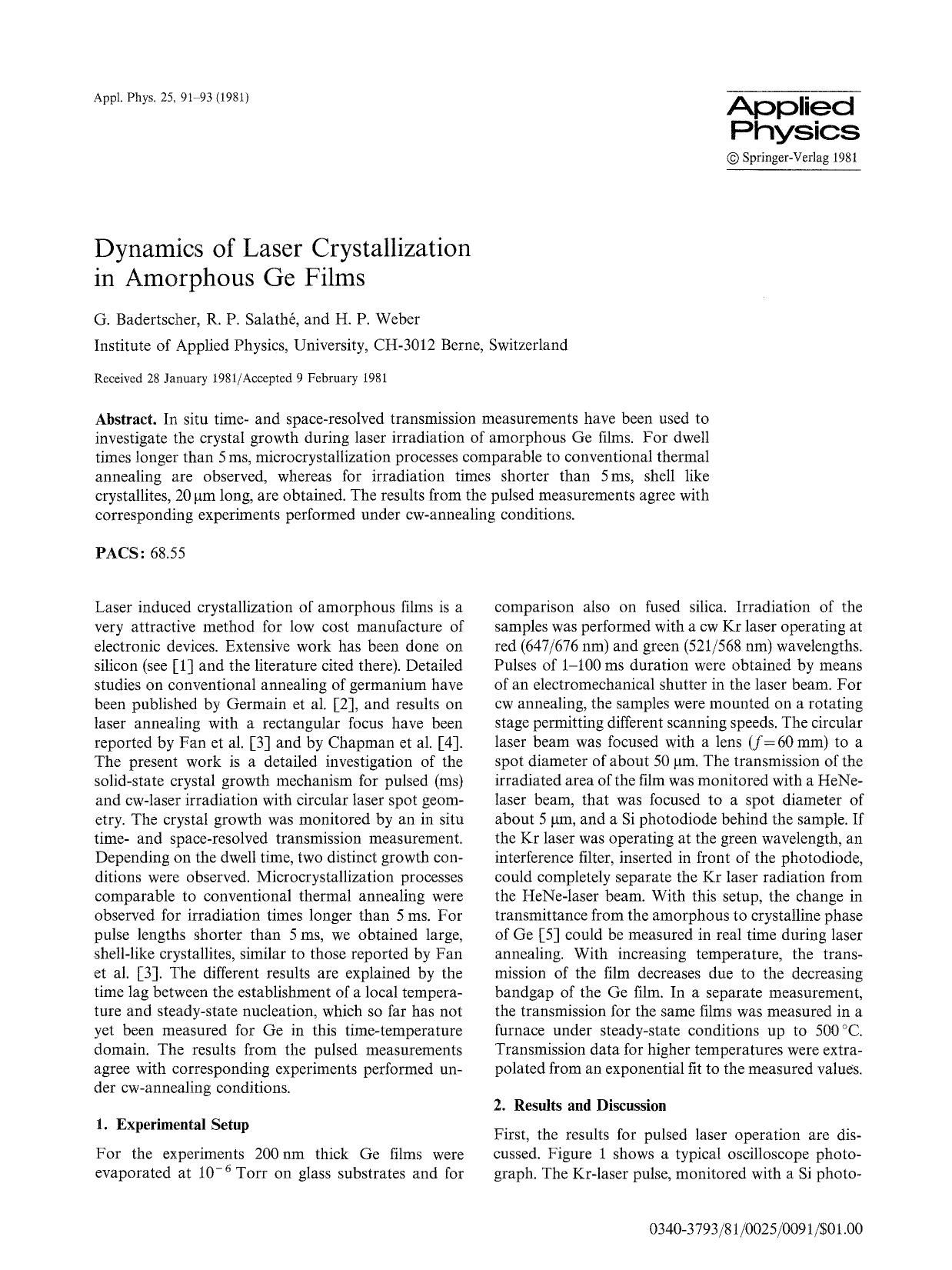 Dynamics of laser crystallization in amorphous Ge films by Unknown