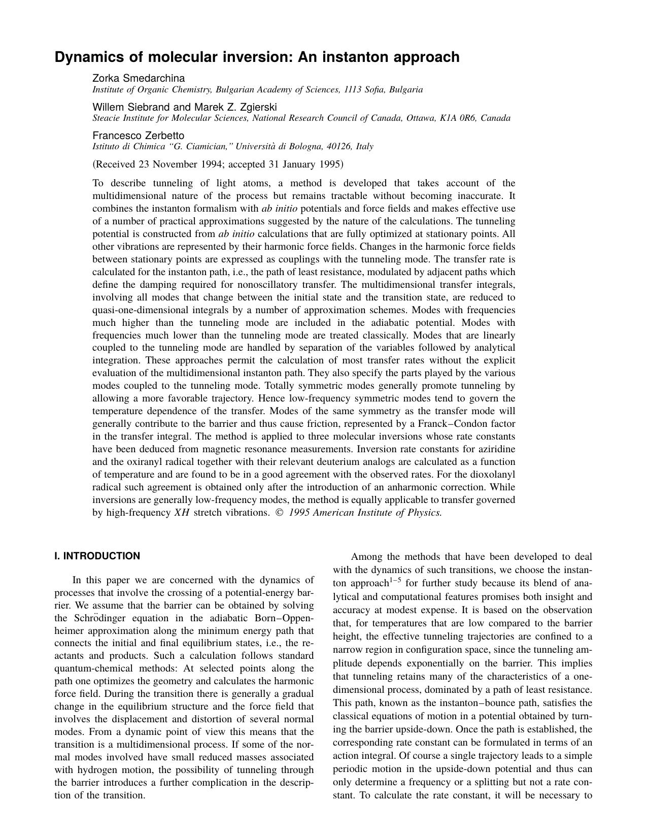 Dynamics of molecular inversion: An instanton by Zorka Smedarchina & Willem Siebrand and Marek Z