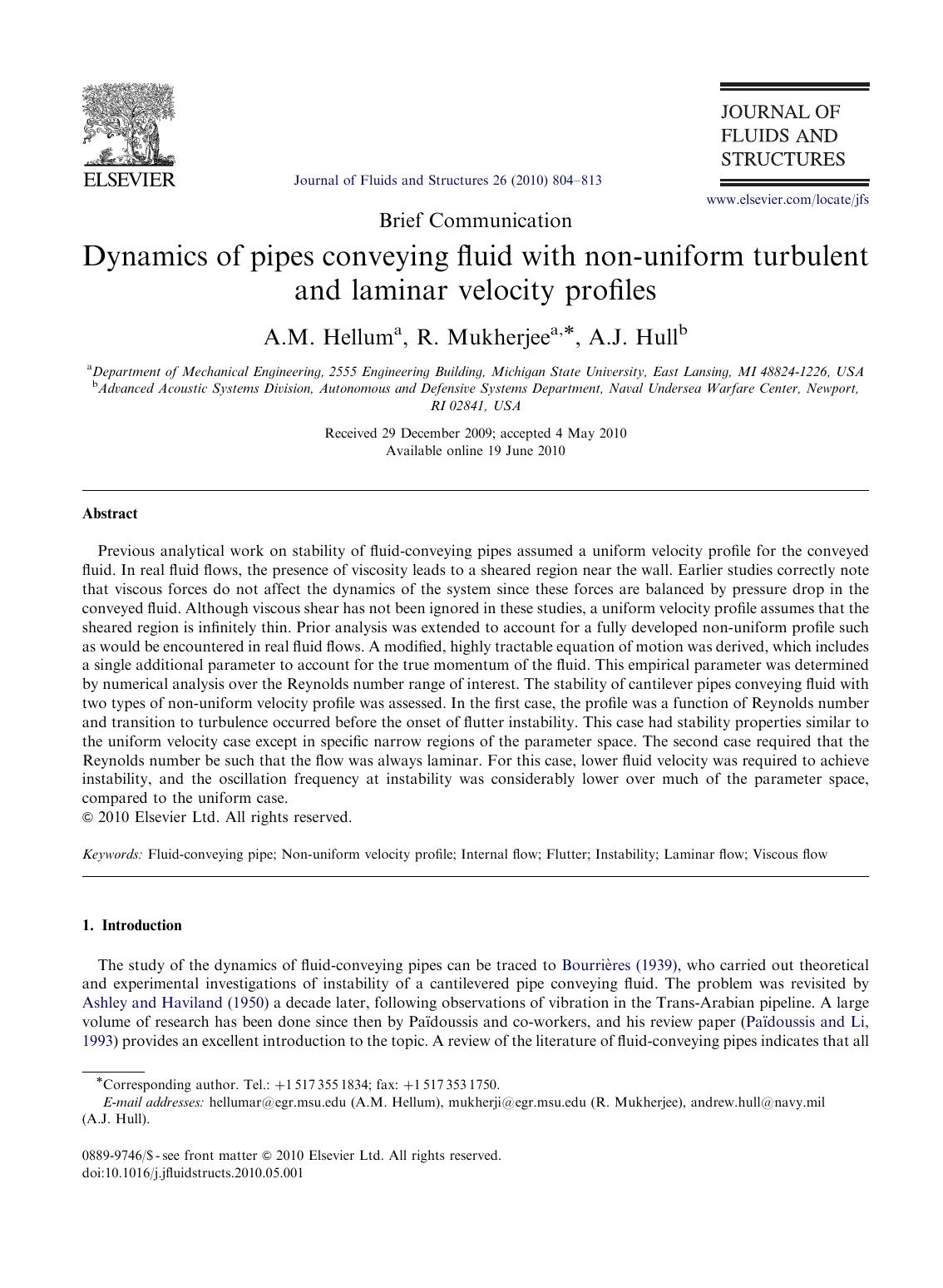 Dynamics of pipes conveying fluid with non-uniform turbulent and laminar velocity profiles by A.M. Hellum & R. Mukherjee & A.J. Hull