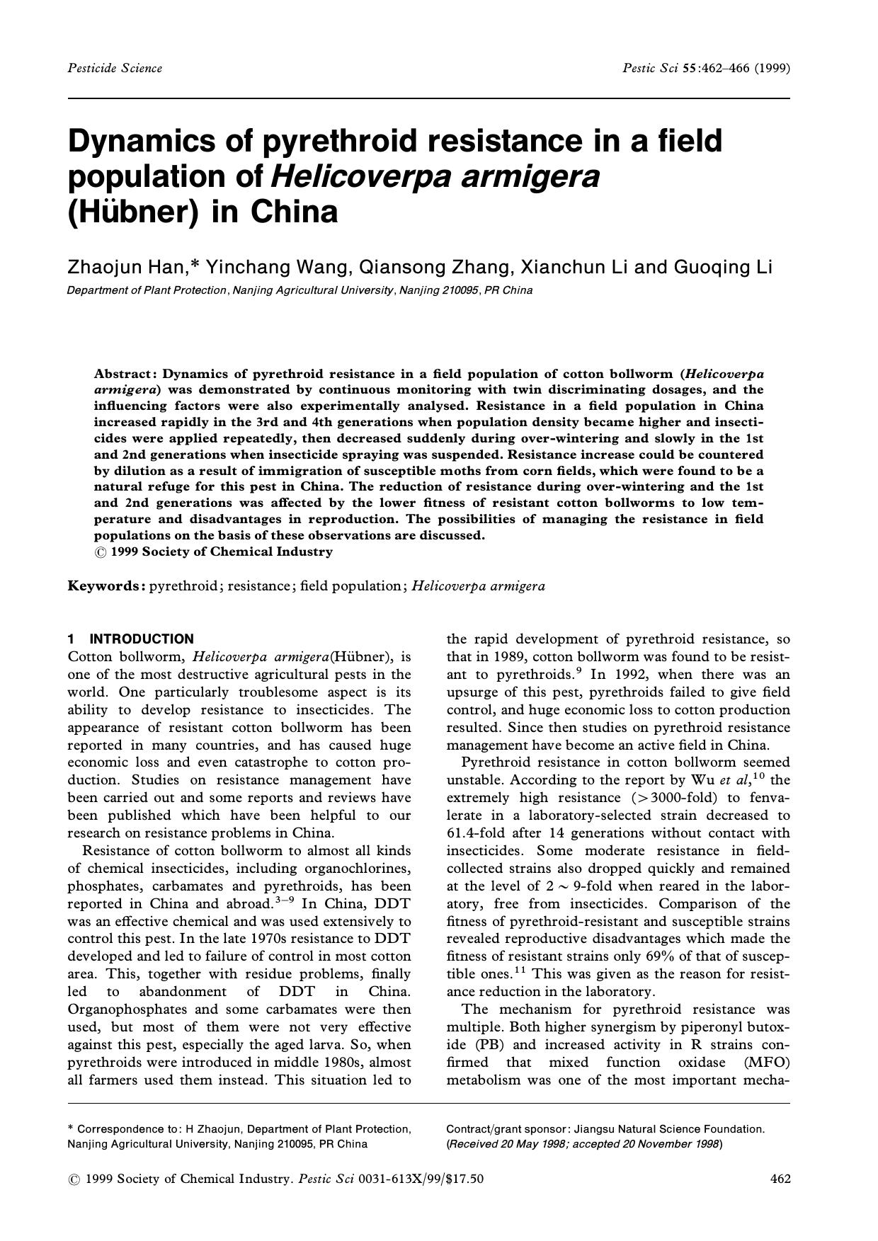 Dynamics of pyrethroid resistance in a field population of Helicoverpa armigera (Hbner) in China by Unknown
