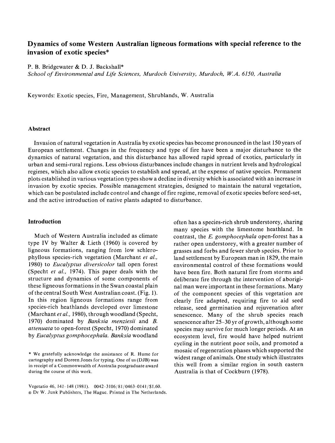 Dynamics of some Western Australian ligneous formations with special reference to the invasion of exotic species by Unknown