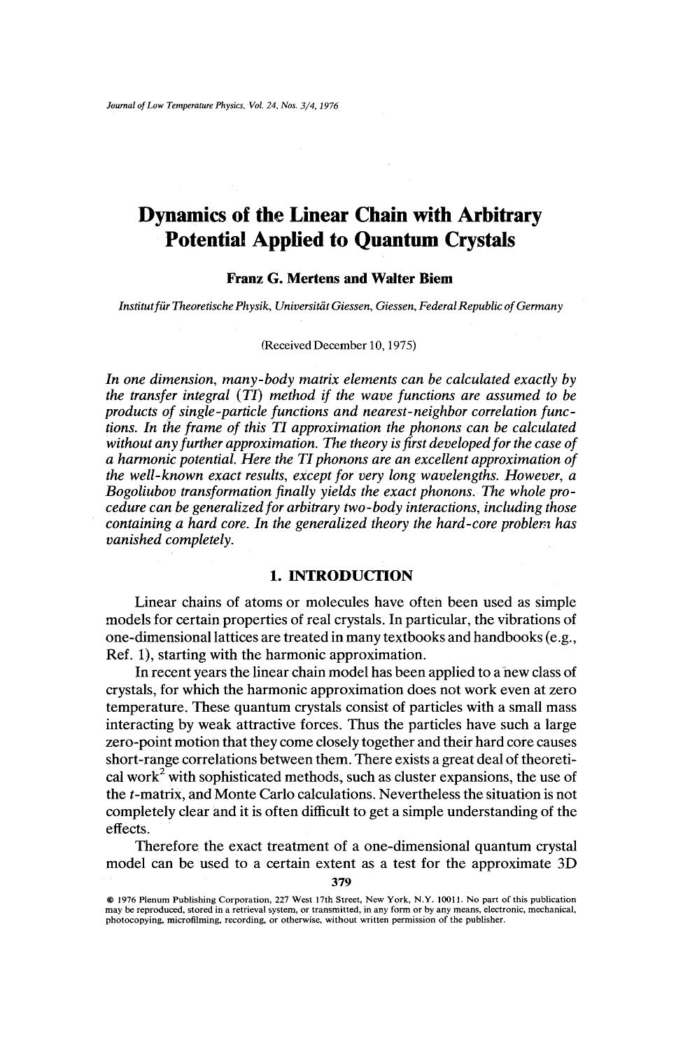 Dynamics of the linear chain with arbitrary potential applied to quantum crystals by Unknown